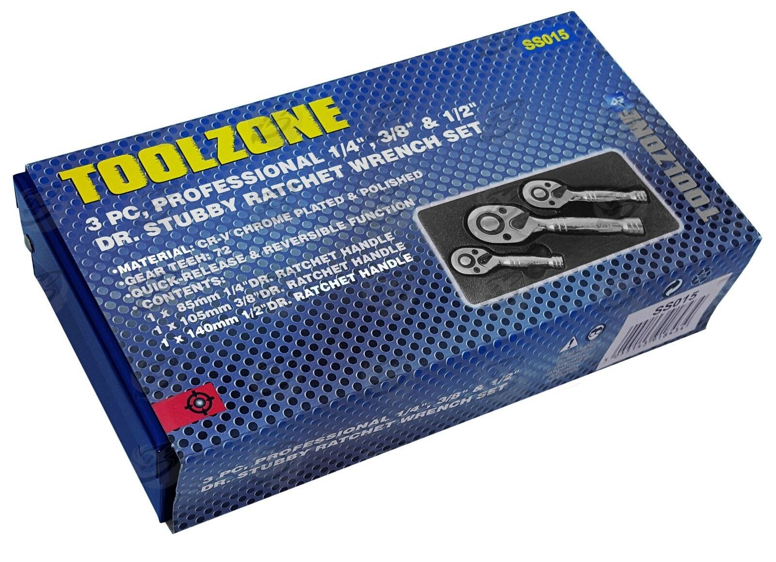 TOOLZONE 3PCS 72 TOOTH STUBBY RATCHET HANDLE SET 1/4" & 3/8" & 1/2" DRIVE