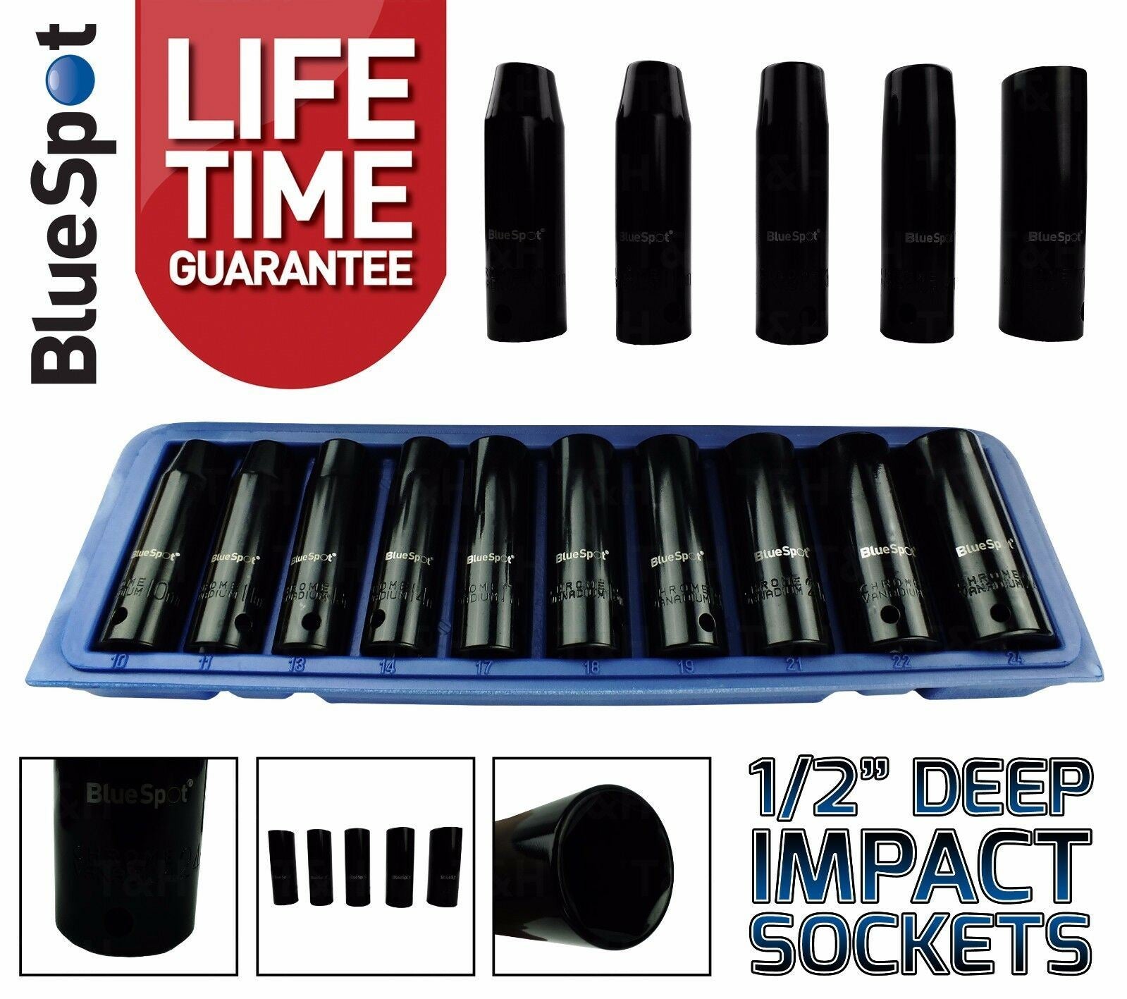 BLUESPOT 10PCS 1/2" DRIVE 6 POINT DEEP IMPACT SOCKETS 10MM - 24MM