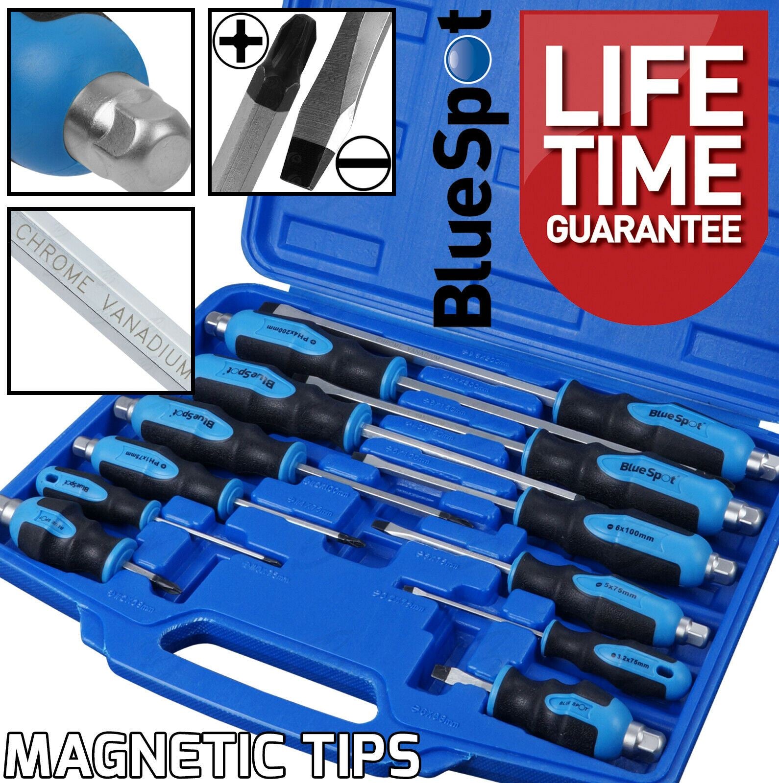 BLUESPOT 12PCS MAGNETIC GO THROUGH SCREWDRIVER SET ( SLOTTED - PHILLIPS )
