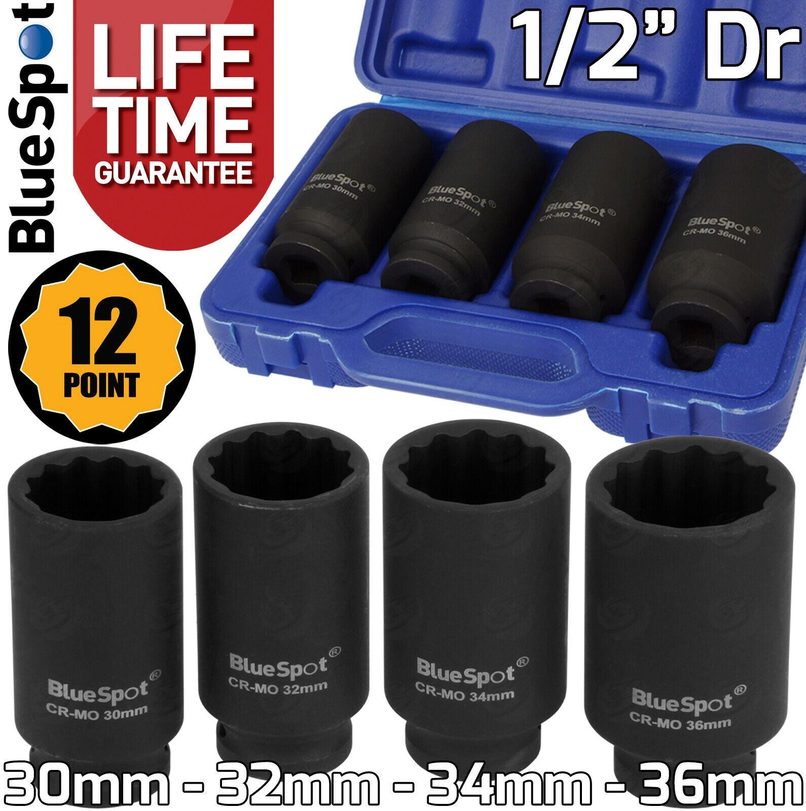 BLUESPOT 4PCS 1/2" DRIVE 12 POINT DEEP IMPACT SOCKETS 30MM - 36MM