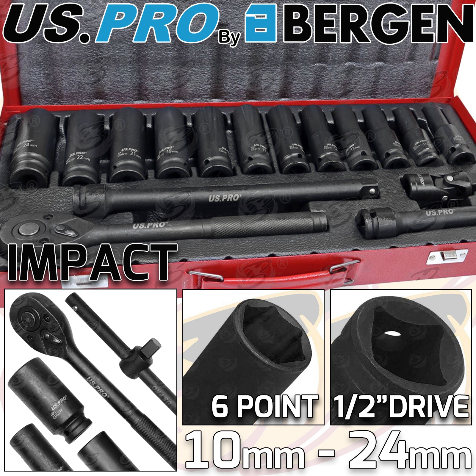 US PRO 16PCS 1/2" DRIVE 6 POINT DEEP IMPACT SOCKET SET 10MM - 24MM