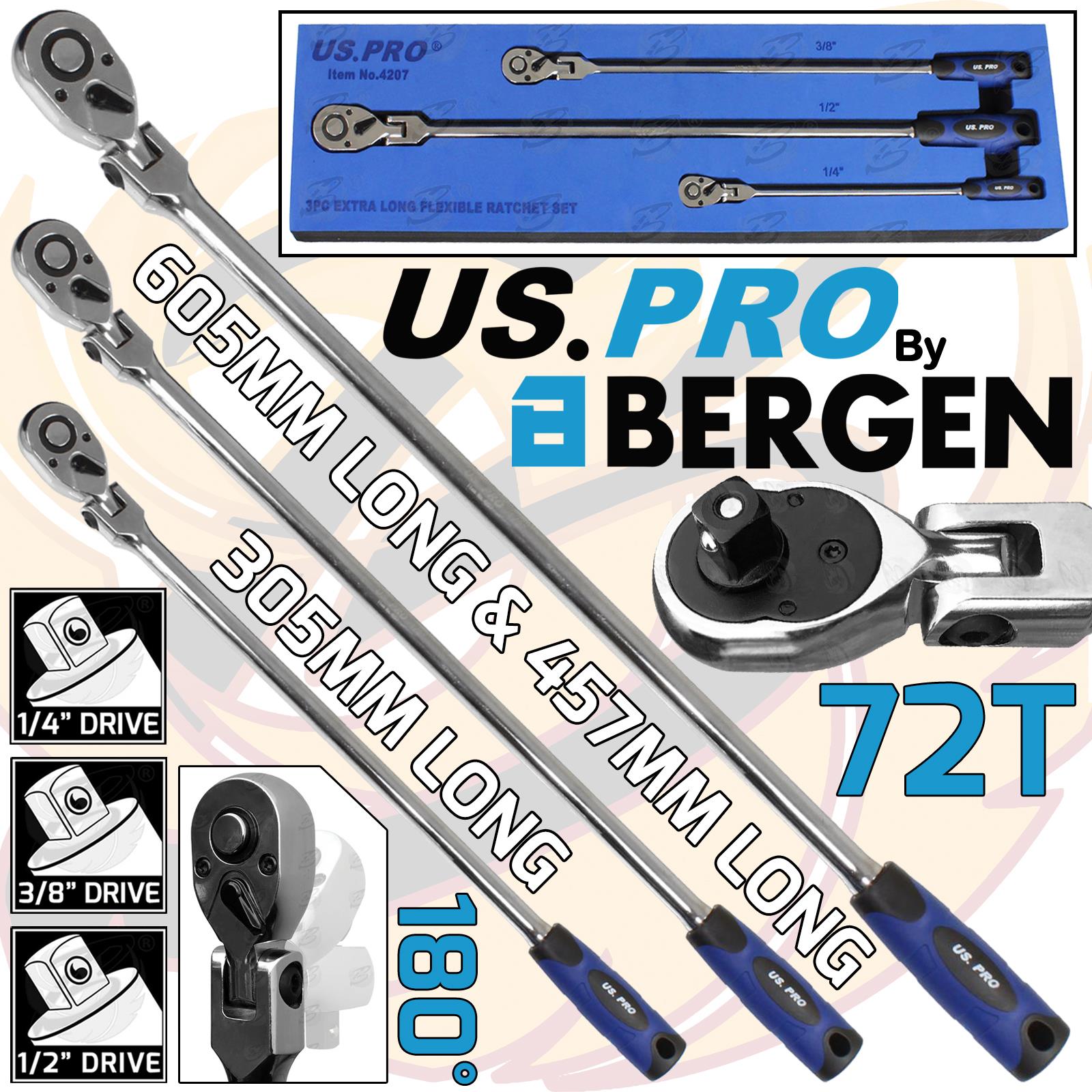 US PRO 3PCS 1/4" & 3/8" & 1/2" DRIVE 72 TOOTH FLEXI EXTRA LONG RATCHET HANDLES