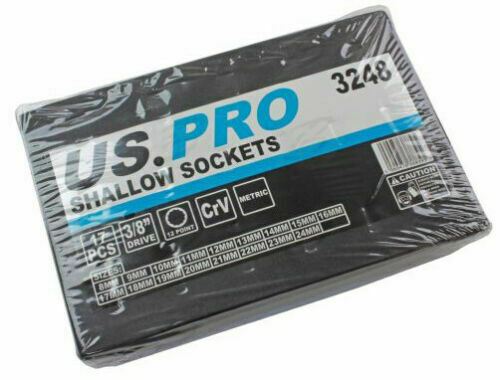 US PRO 17PCS 3/8" DRIVE 12 POINT SHALLOW SOCKETS 8MM - 24MM
