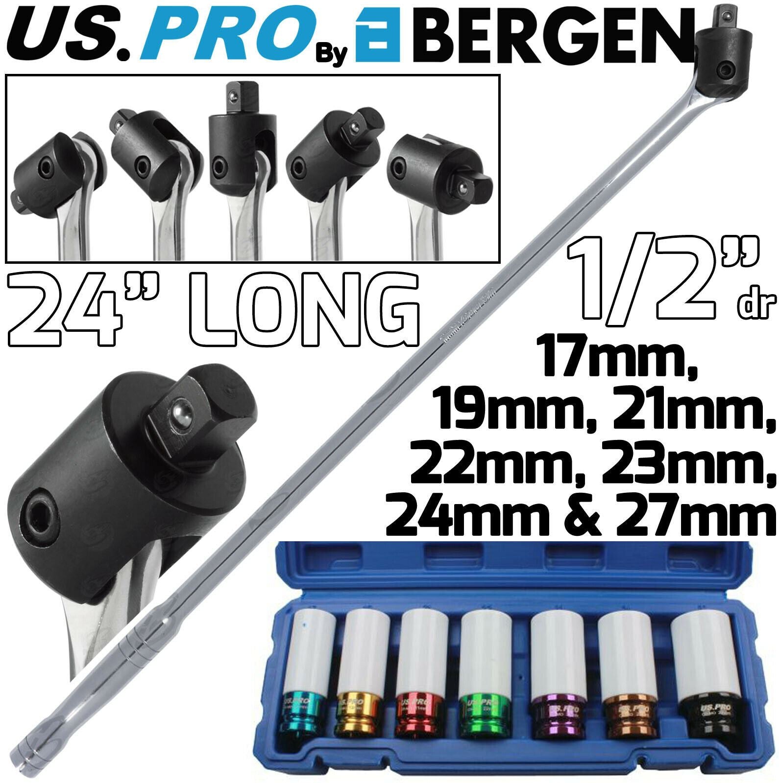 US PRO 1/2" DRIVE 24" LONG BREAKER BAR & 7PCS 6 POINT ALLOY WHEEL NUT SOCKETS 17MM - 27MM
