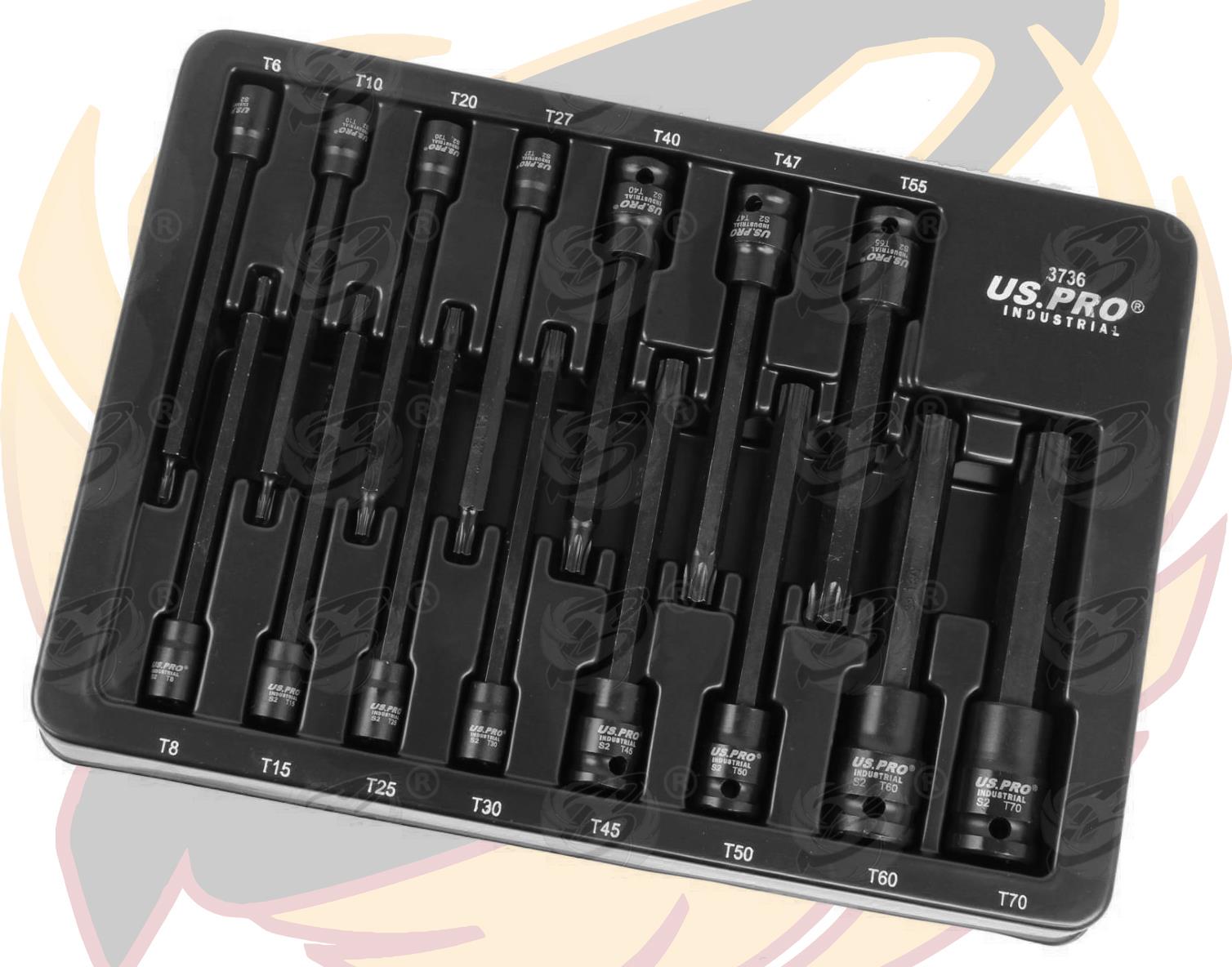 US PRO INDUSTRIAL 15PCS 1/4" & 3/8" & 1/2" DRIVE EXTRA LONG IMPACT TORX BIT SOCKETS T6 - T70