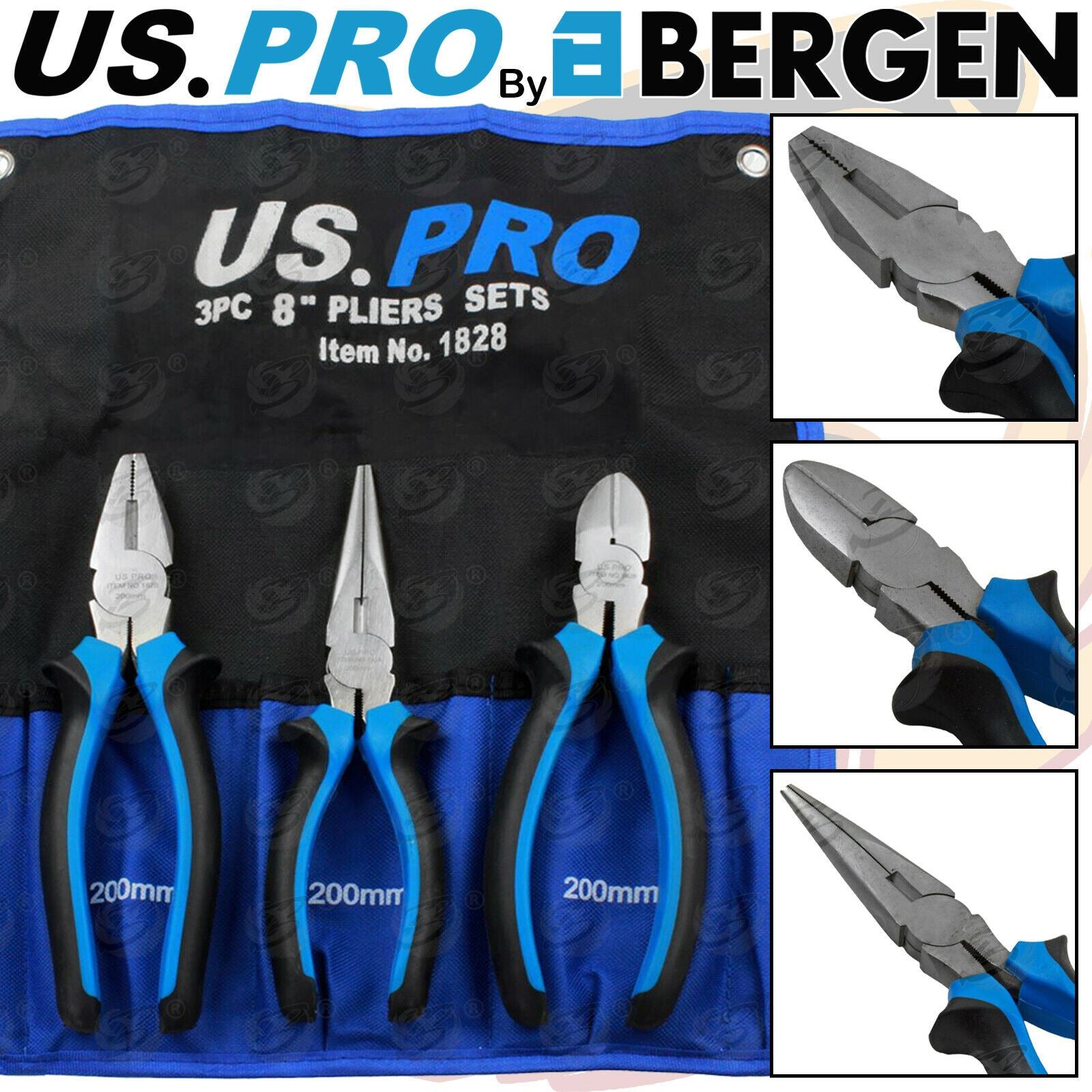 US PRO 8" PLIER SET ( COMBI - CUTTERS - LONG NOSE )
