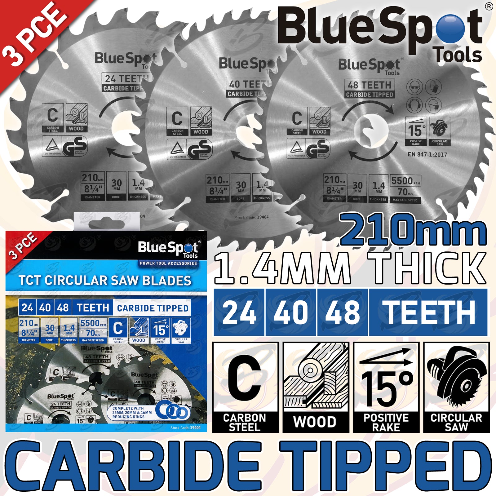 BLUESPOT CIRCULAR SAW BLADE 210MM x 30MM ( 20T & 24T & 40T ) ( TCT BLADES )