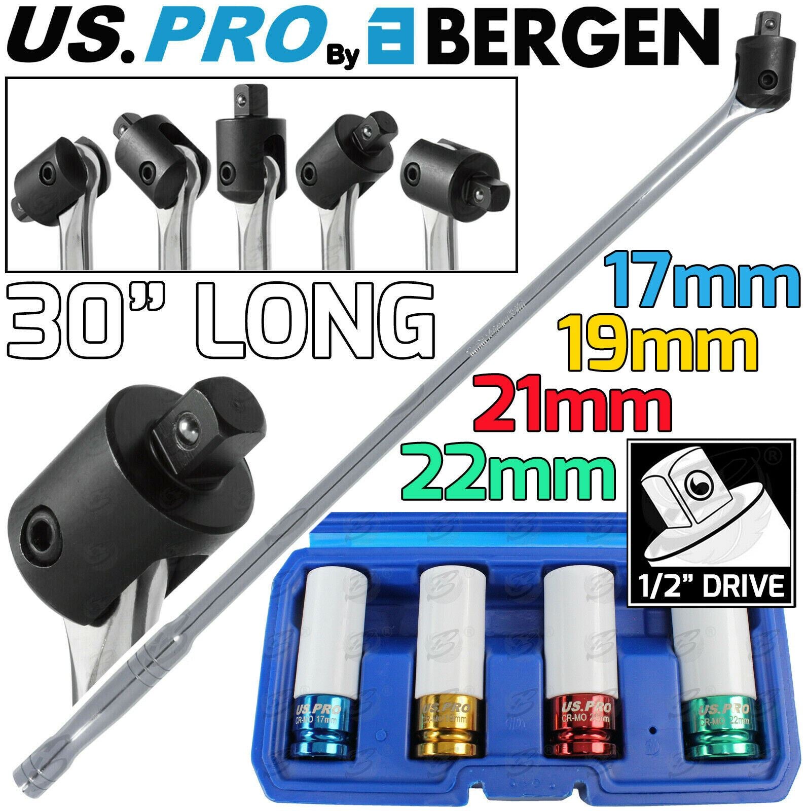 US PRO 1/2" DRIVE 30" LONG BREAKER BAR & 4PCS 6 POINT ALLOY WHEEL NUT SOCKETS 17MM - 22MM