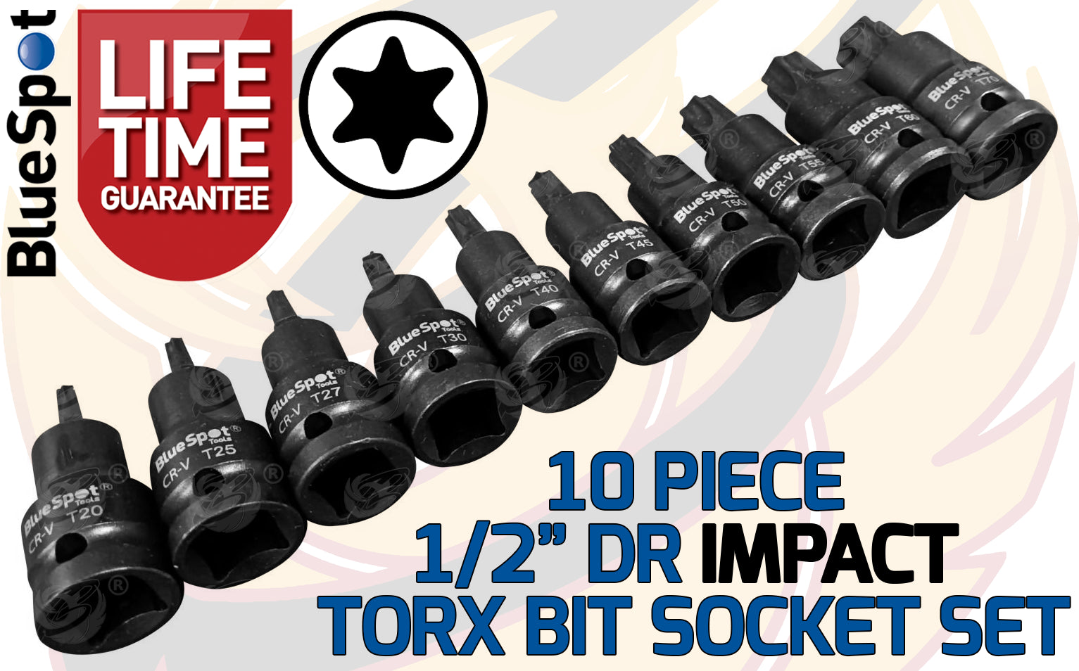 BLUESPOT 10PCS 1/2" DRIVE IMPACT TORX BIT SOCKETS T20 - T70