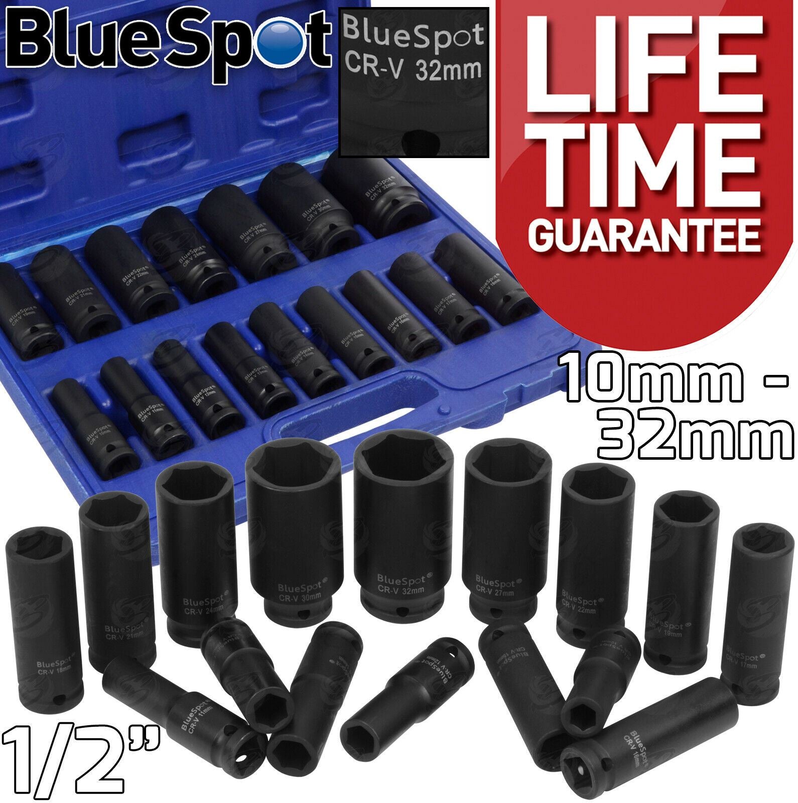 BLUESPOT 16PCS 1/2" DRIVE 6 POINT DEEP IMPACT SOCKETS 10MM - 32MM