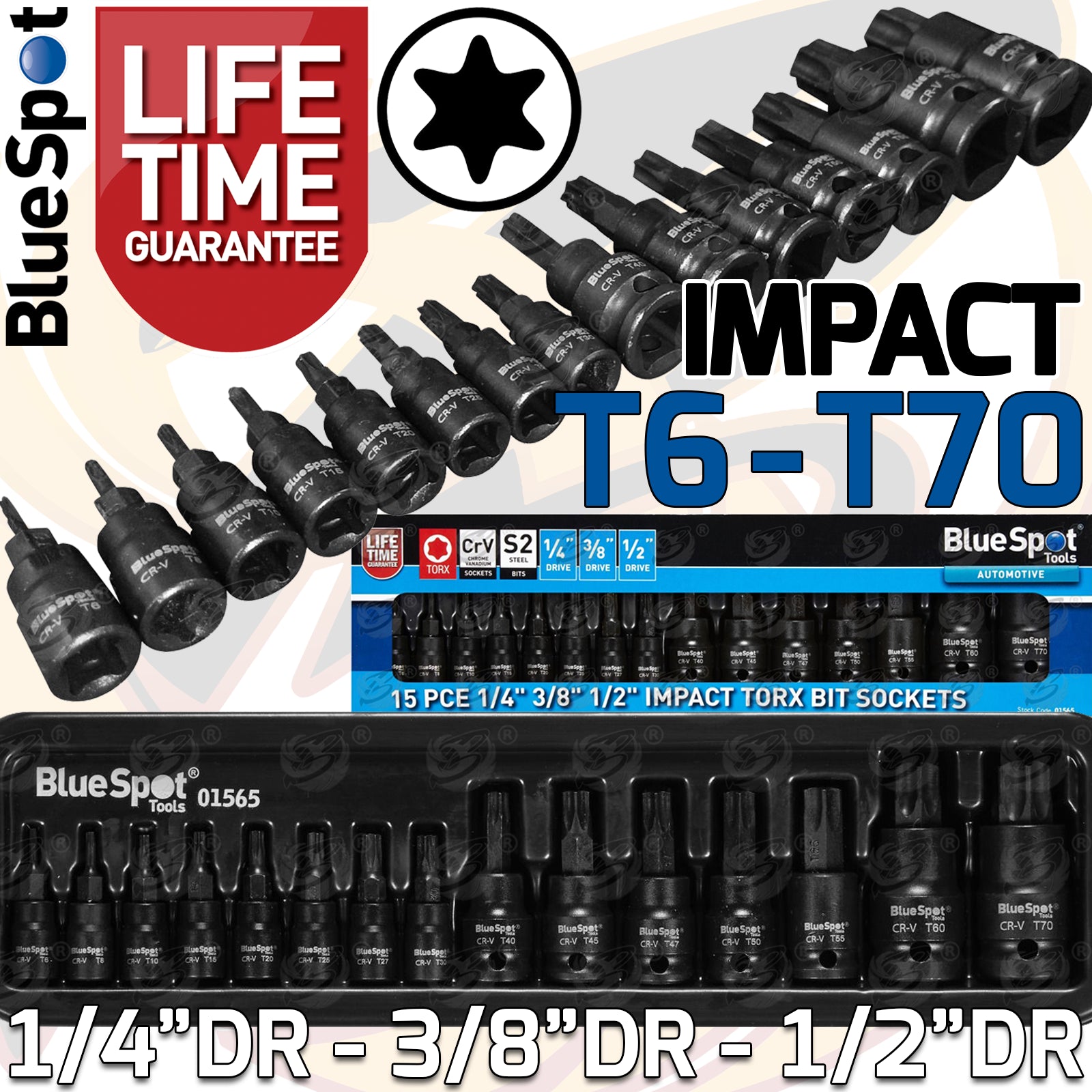 BLUESPOT 15PCS 1/4" & 3/8" & 1/2" DRIVE IMPACT TORX BIT SOCKETS T6 - T70