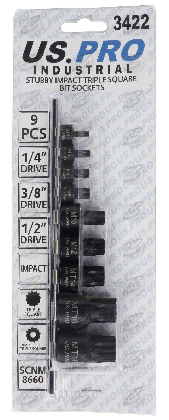 US PRO 9PCS 1/4" & 3/8" & 1/2" DRIVE STUBBY IMPACT SPLINE BIT SOCKETS M4 - M18