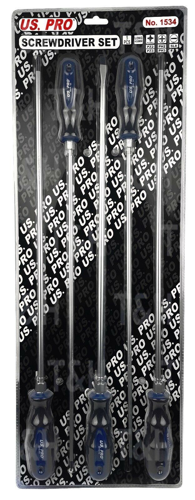 US PRO 5PCS EXTRA LONG MAGNETIC SCREWDRIVER SET ( SLOTTED - PHILLIPS - POZIDRIVE )