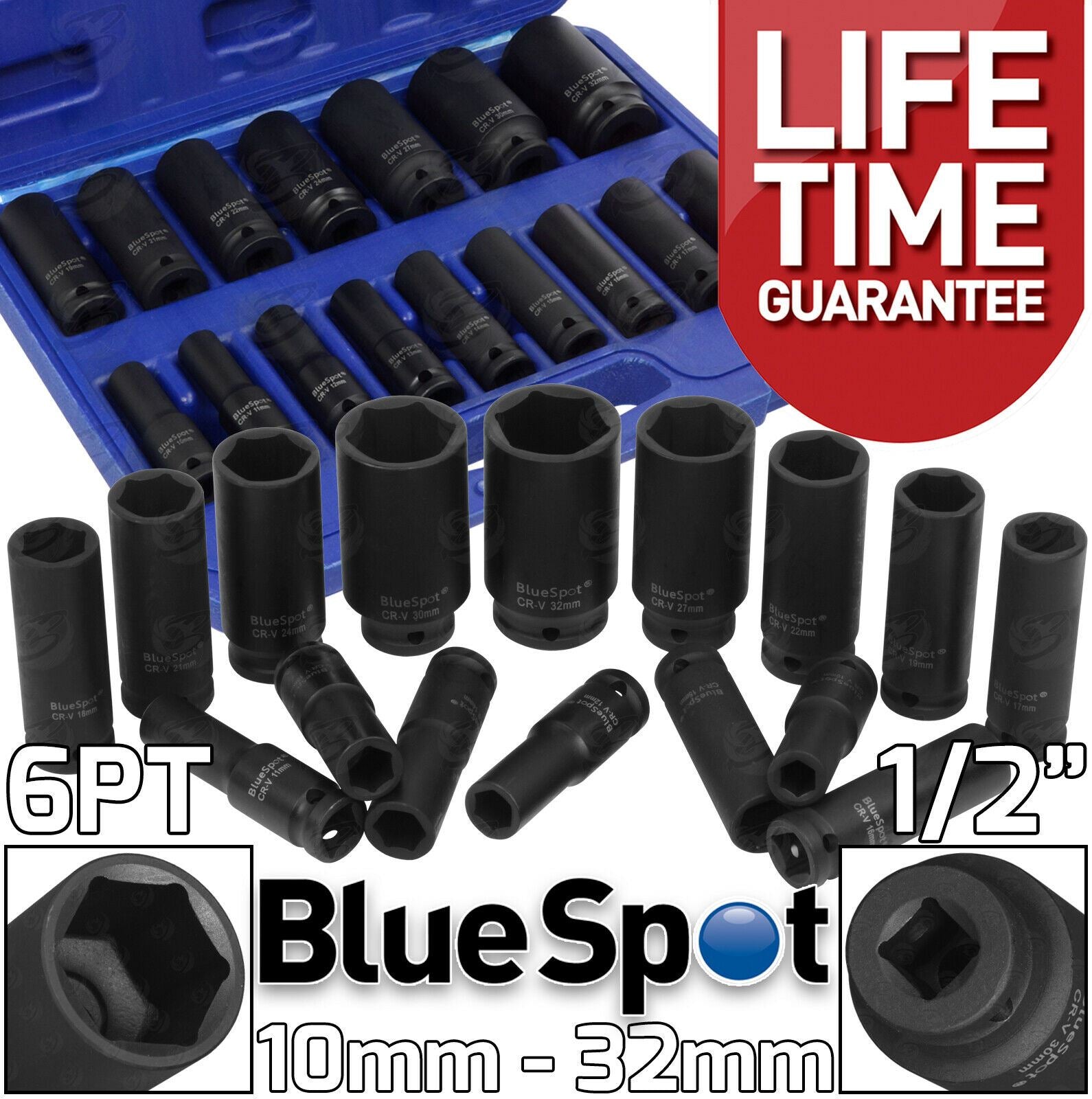 BLUESPOT 16PCS 1/2" DRIVE 6 POINT DEEP IMPACT SOCKETS 10MM - 32MM
