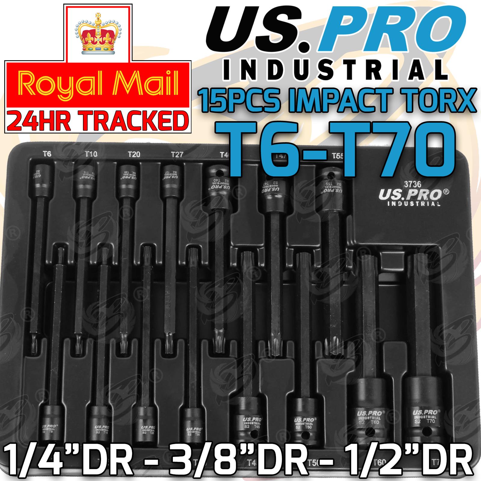 US PRO INDUSTRIAL 15PCS 1/4" & 3/8" & 1/2" DRIVE EXTRA LONG IMPACT TORX BIT SOCKETS T6 - T70