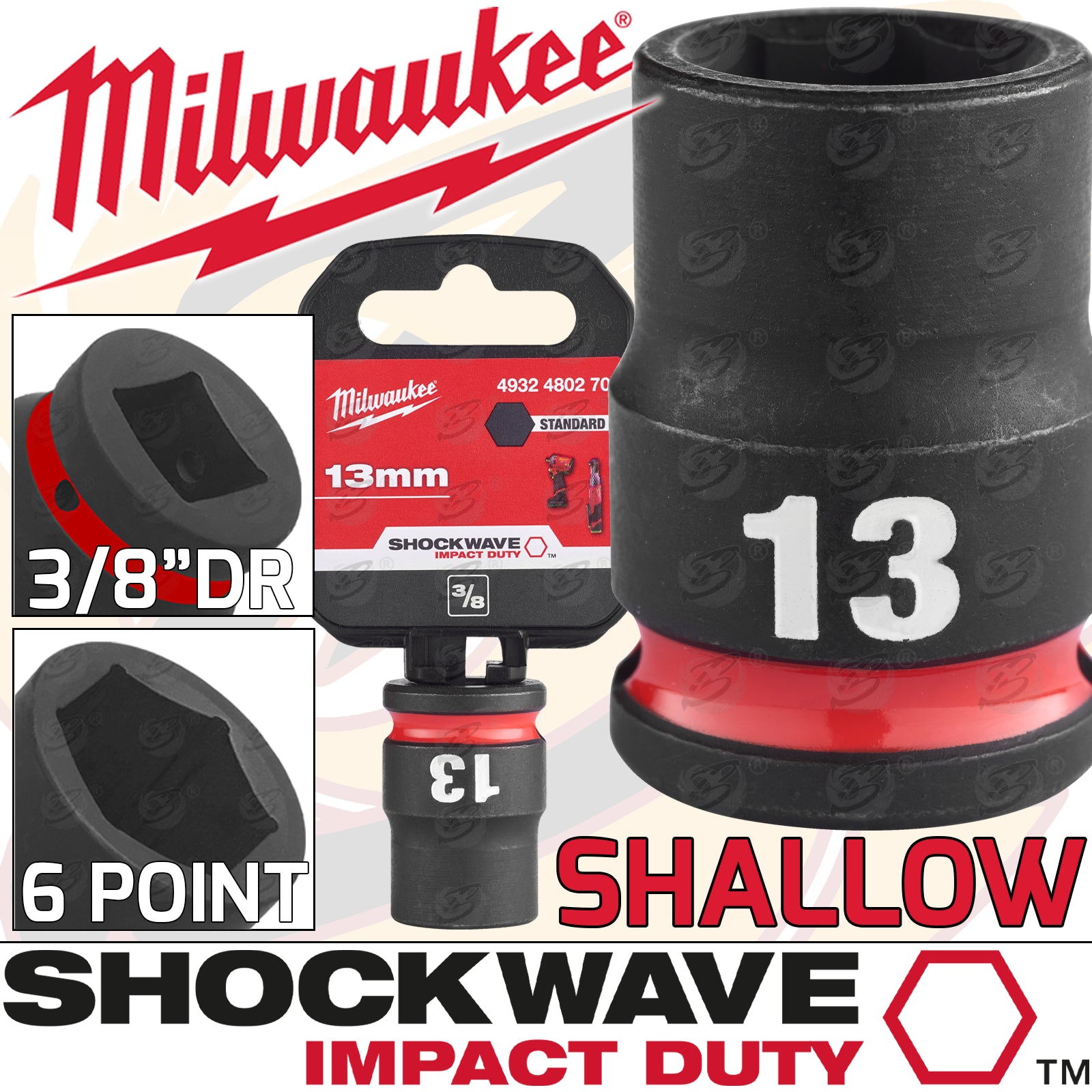 MILWAUKEE 13MM 3/8" DRIVE 6 POINT SHALLOW IMPACT SOCKET ( SINGLE )
