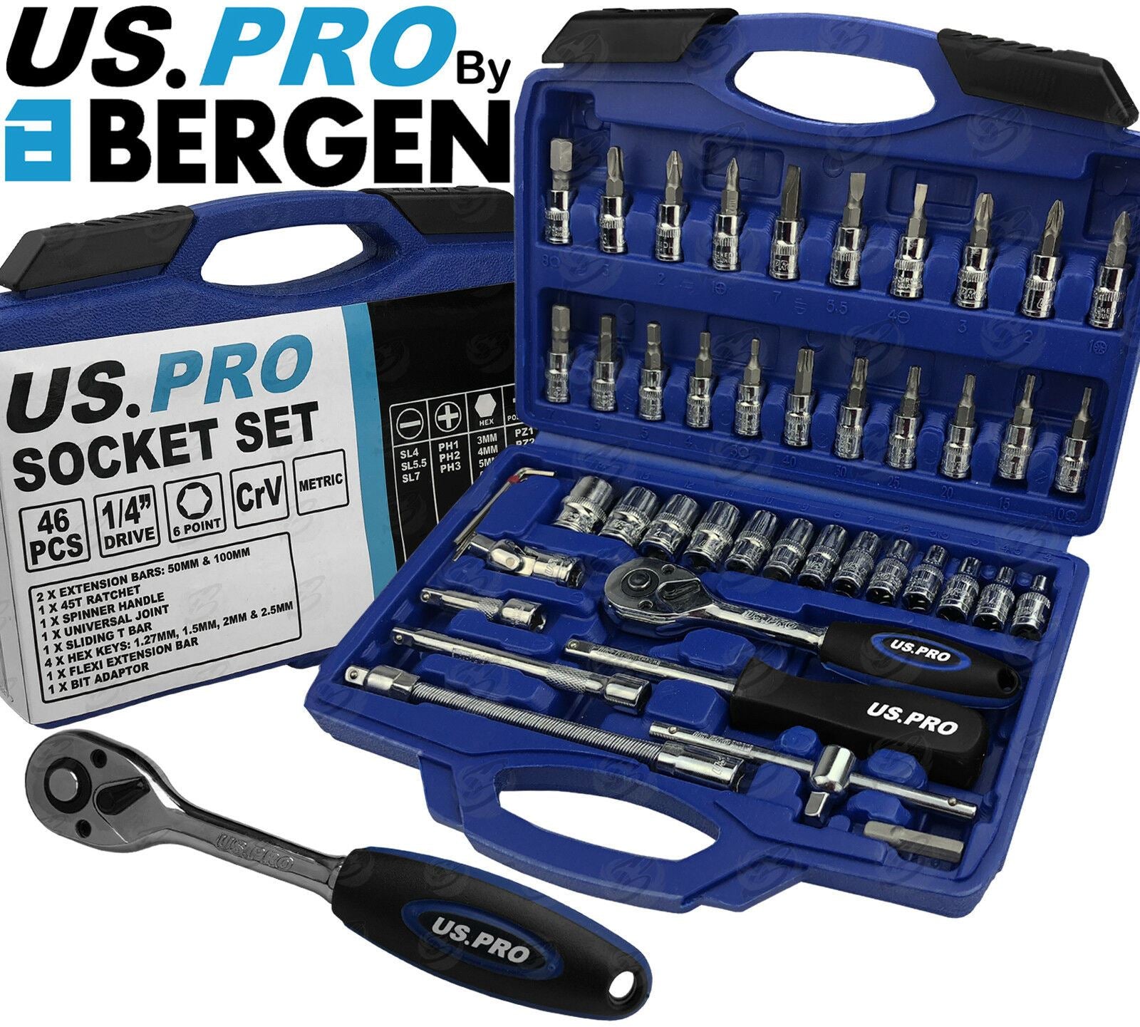 US PRO 46PCS 1/4" DRIVE SOCKET & BIT SET 4MM - 14MM
