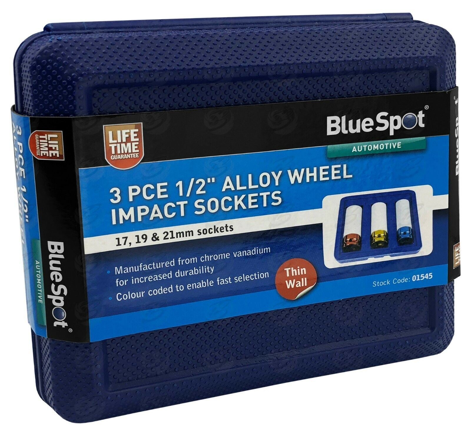 BLUESPOT 3PCS 1/2" DRIVE 6 POINT ALLOY WHEEL NUT SOCKETS 17MM - 19MM - 21MM