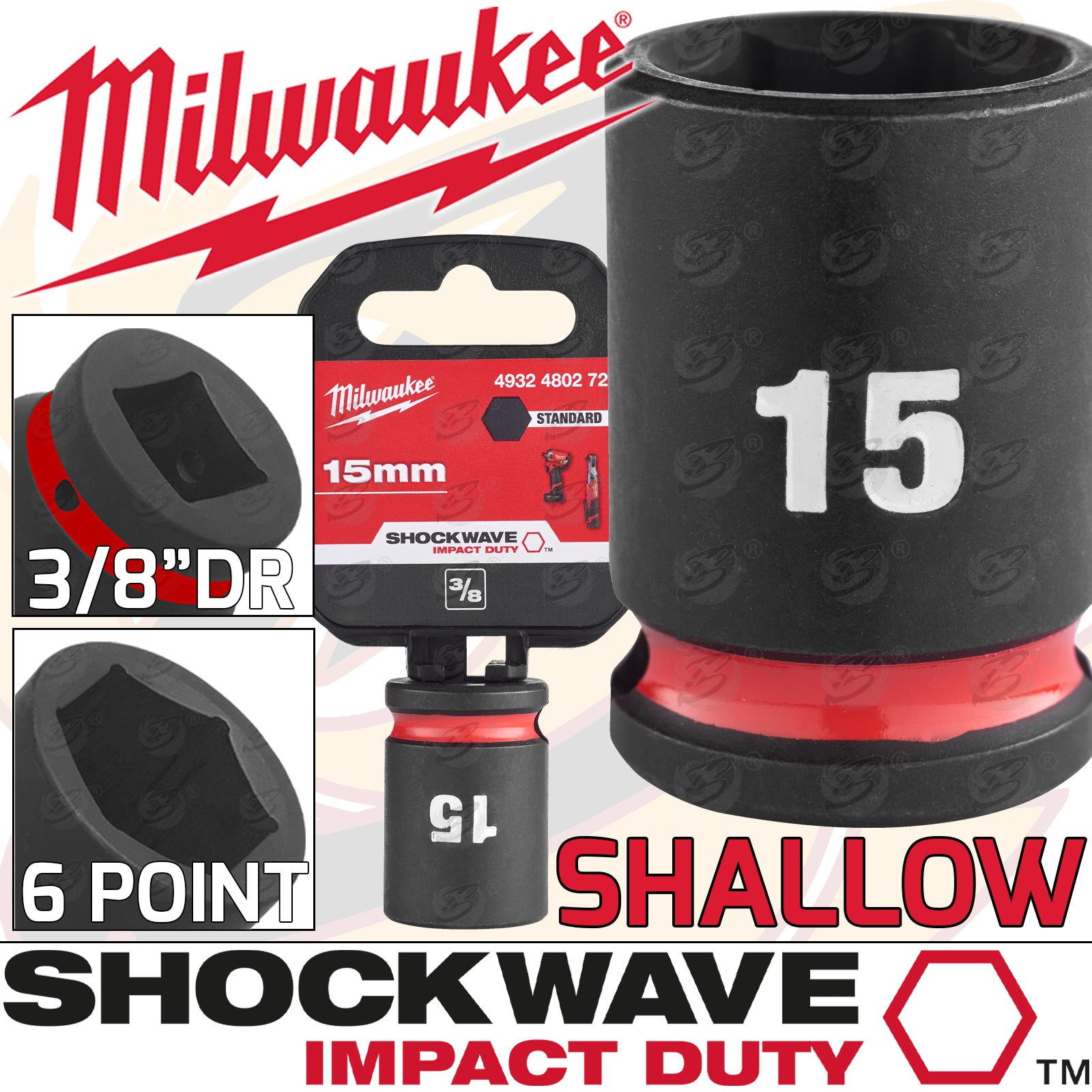MILWAUKEE 15MM 3/8" DRIVE 6 POINT SHALLOW IMPACT SOCKET ( SINGLE )