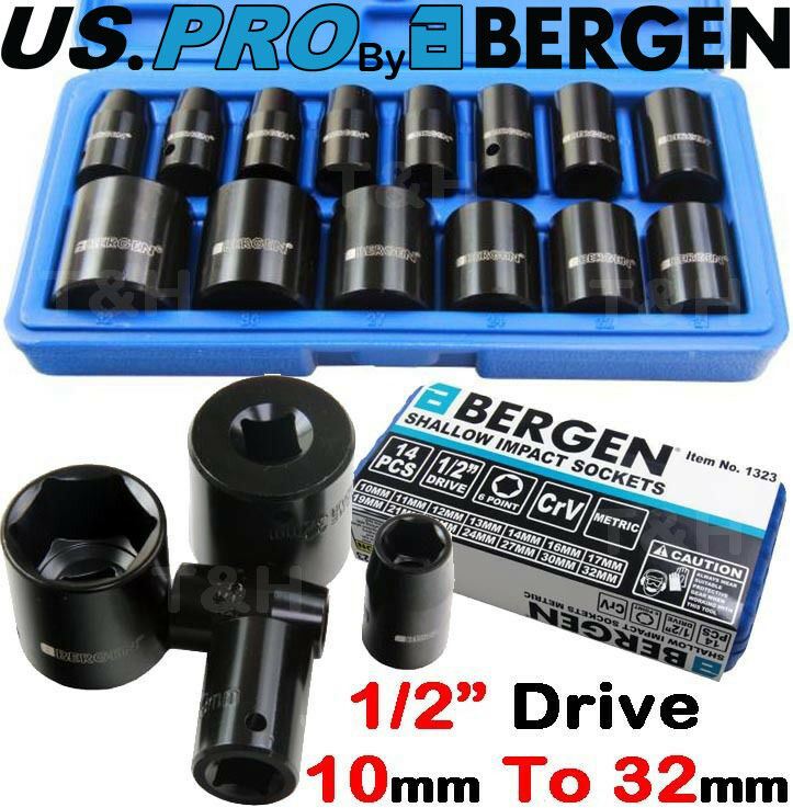 US PRO 14PCS 1/2" DRIVE 6 POINT SHALLOW IMPACT SOCKETS 10MM - 32MM