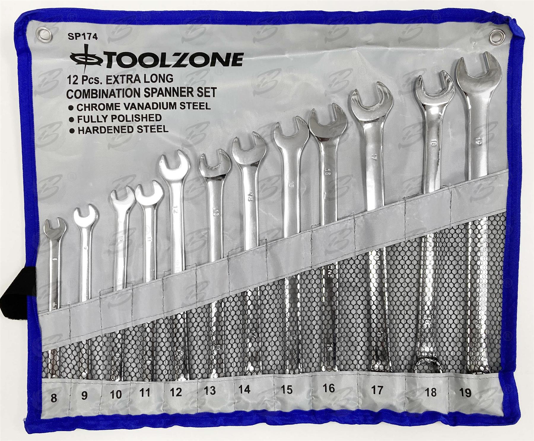 TOOLZONE 12PCS EXTRA LONG COMBINATION SPANNER SET 8MM - 19MM