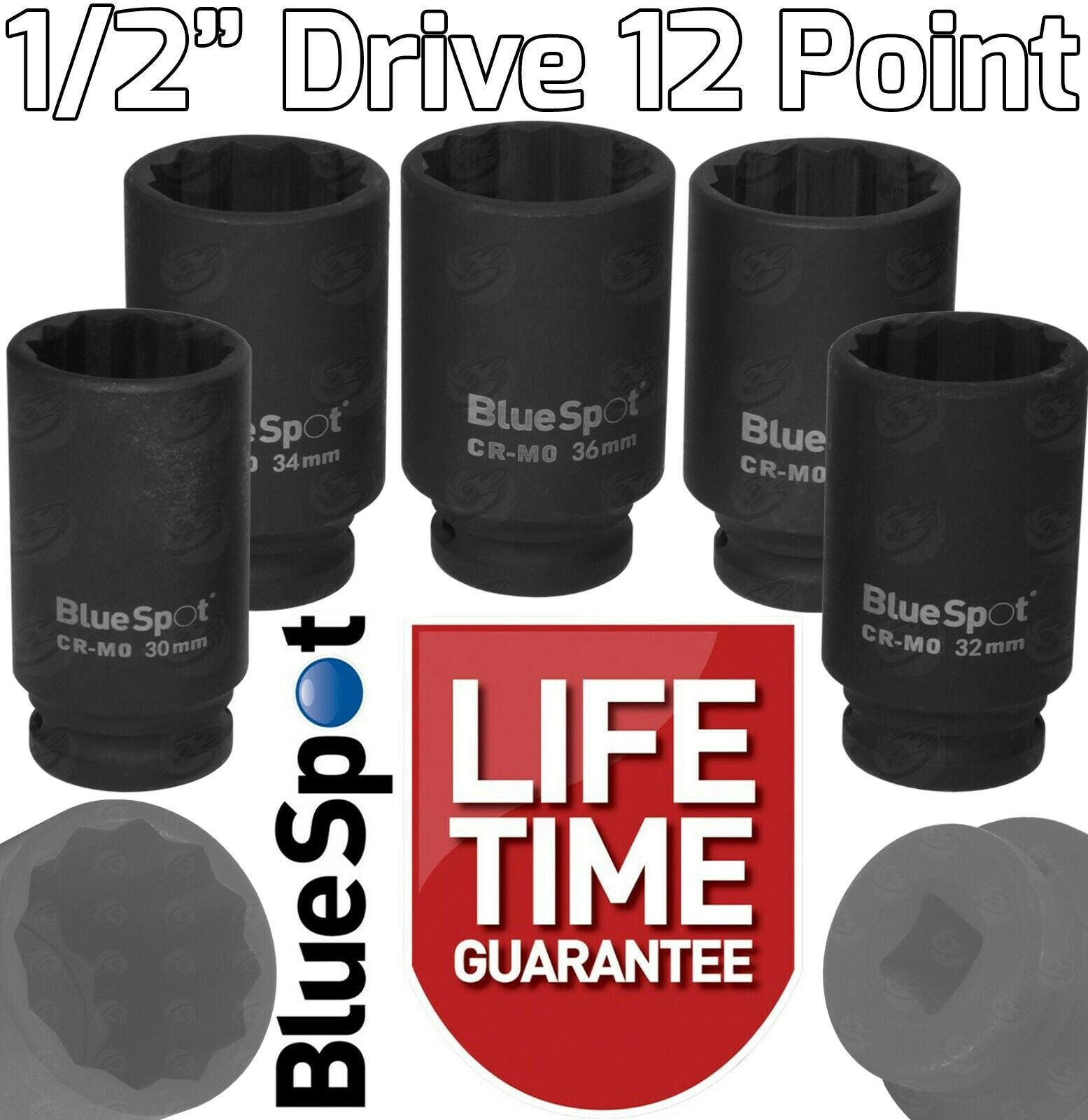 BLUESPOT 5PCS 1/2" DRIVE 12 POINT DEEP IMPACT SOCKETS 30MM - 36MM