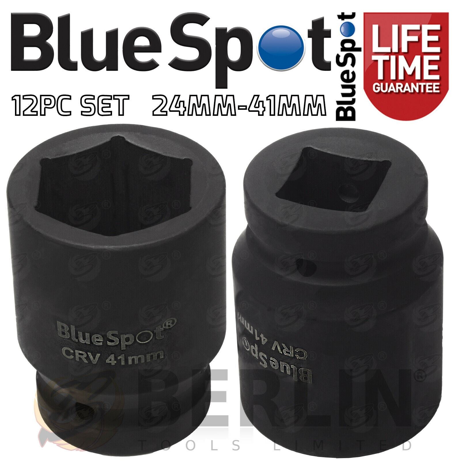 BLUESPOT 12PCS 1" DRIVE 6 POINT DEEP IMPACT SOCKETS 24MM - 41MM