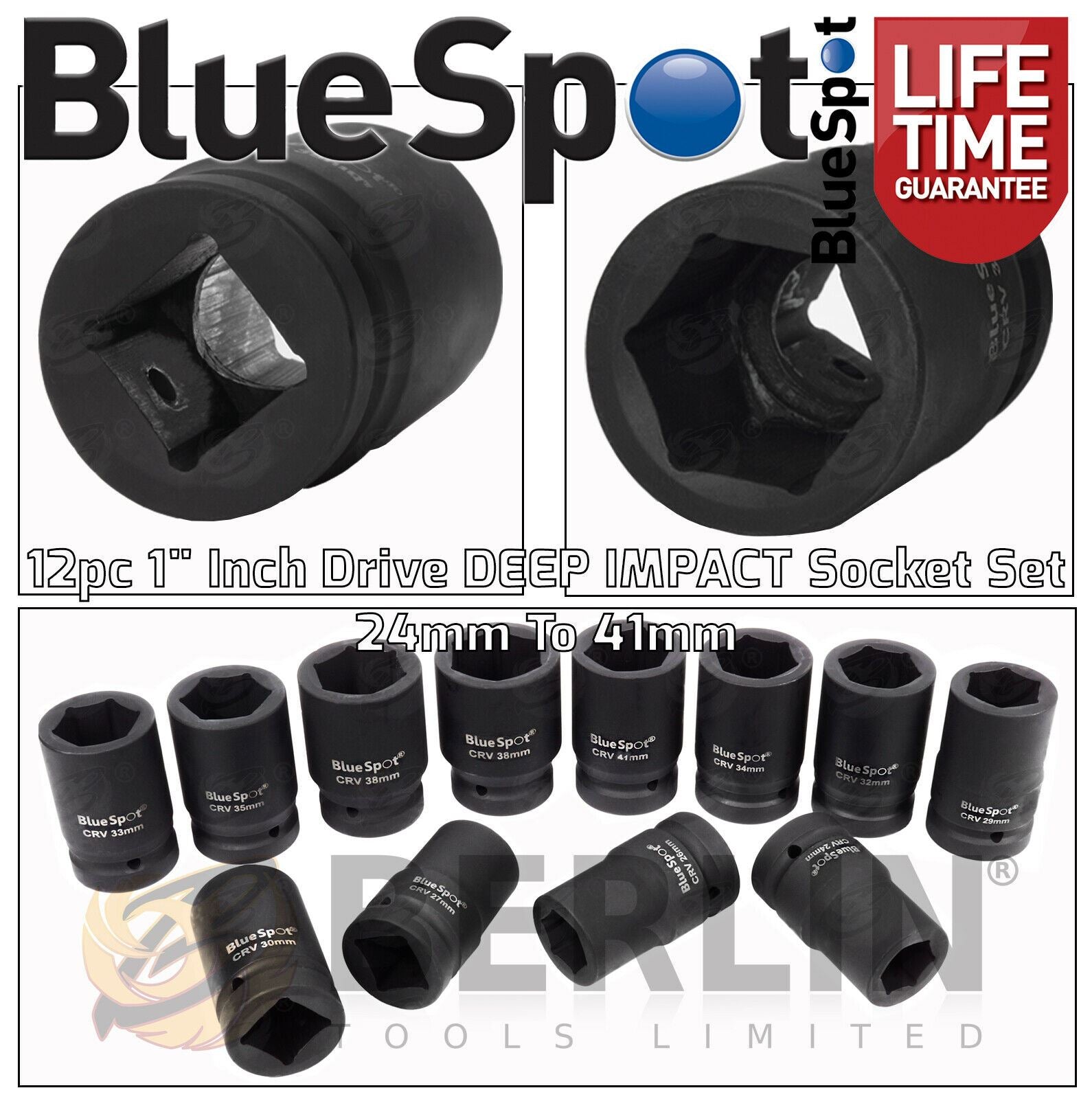 BLUESPOT 12PCS 1" DRIVE 6 POINT DEEP IMPACT SOCKETS 24MM - 41MM