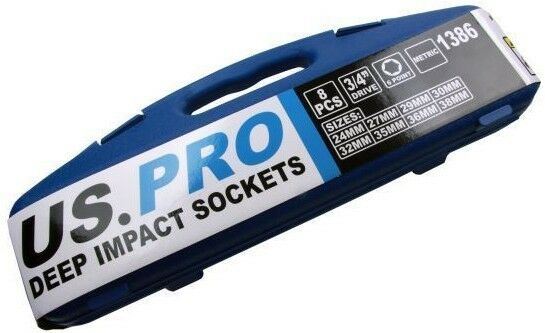 US PRO 8PCS 3/4" DRIVE 6 POINT DEEP IMPACT SOCKETS 24MM - 38MM