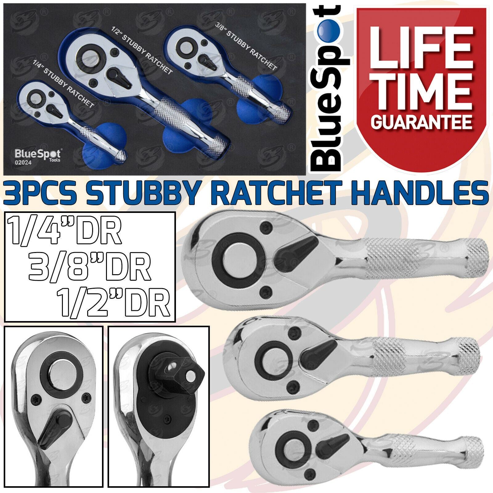 BLUESPOT 3PCS 72 TOOTH STUBBY RATCHET HANDLE SET 1/4" & 3/8" & 1/2" DRIVE