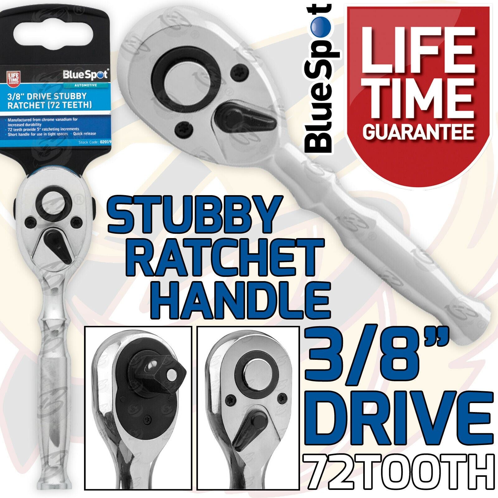 BLUESPOT 3/8" DRIVE 72 TOOTH STUBBY RATCHET HANDLE