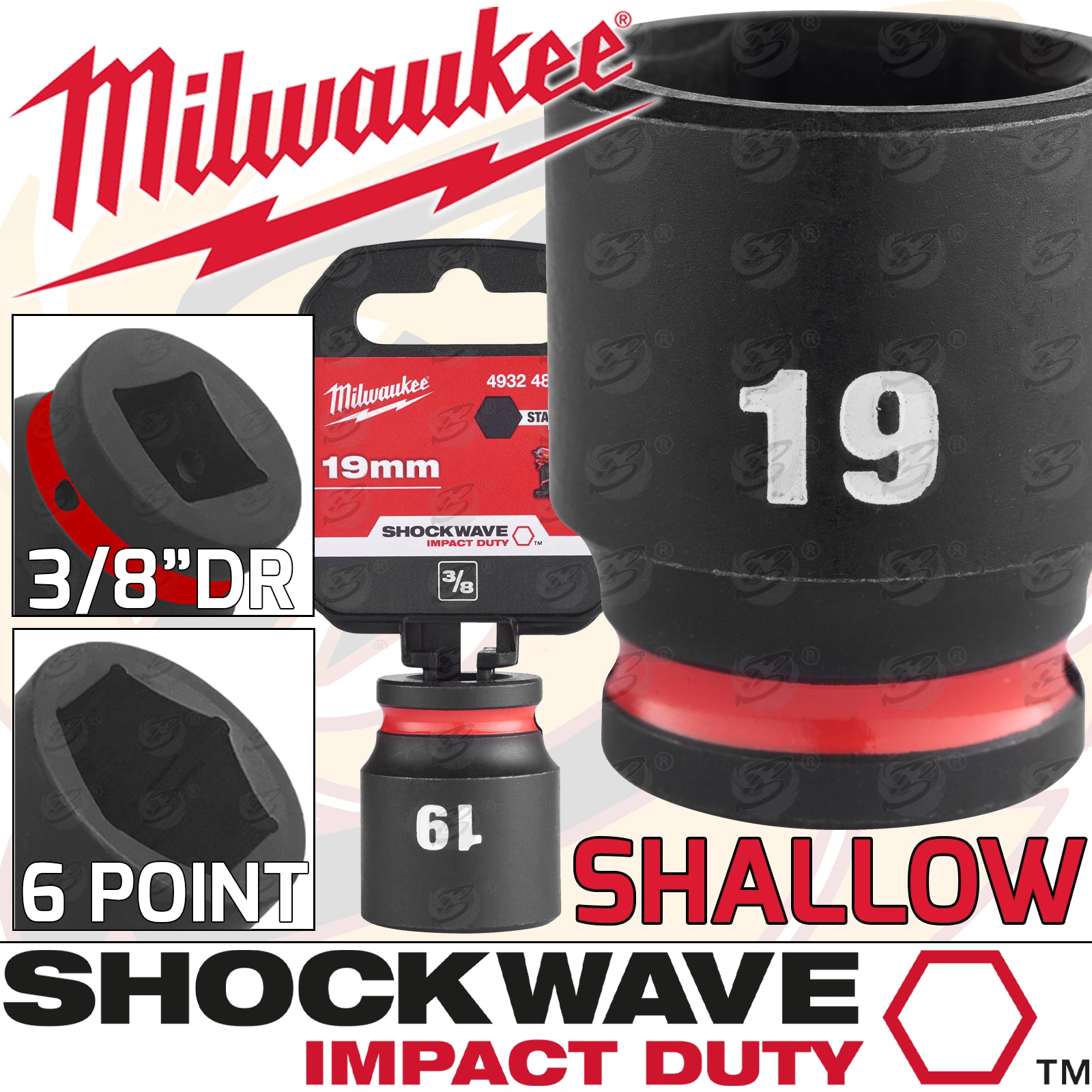 MILWAUKEE 19MM 3/8" DRIVE 6 POINT SHALLOW IMPACT SOCKET ( SINGLE )