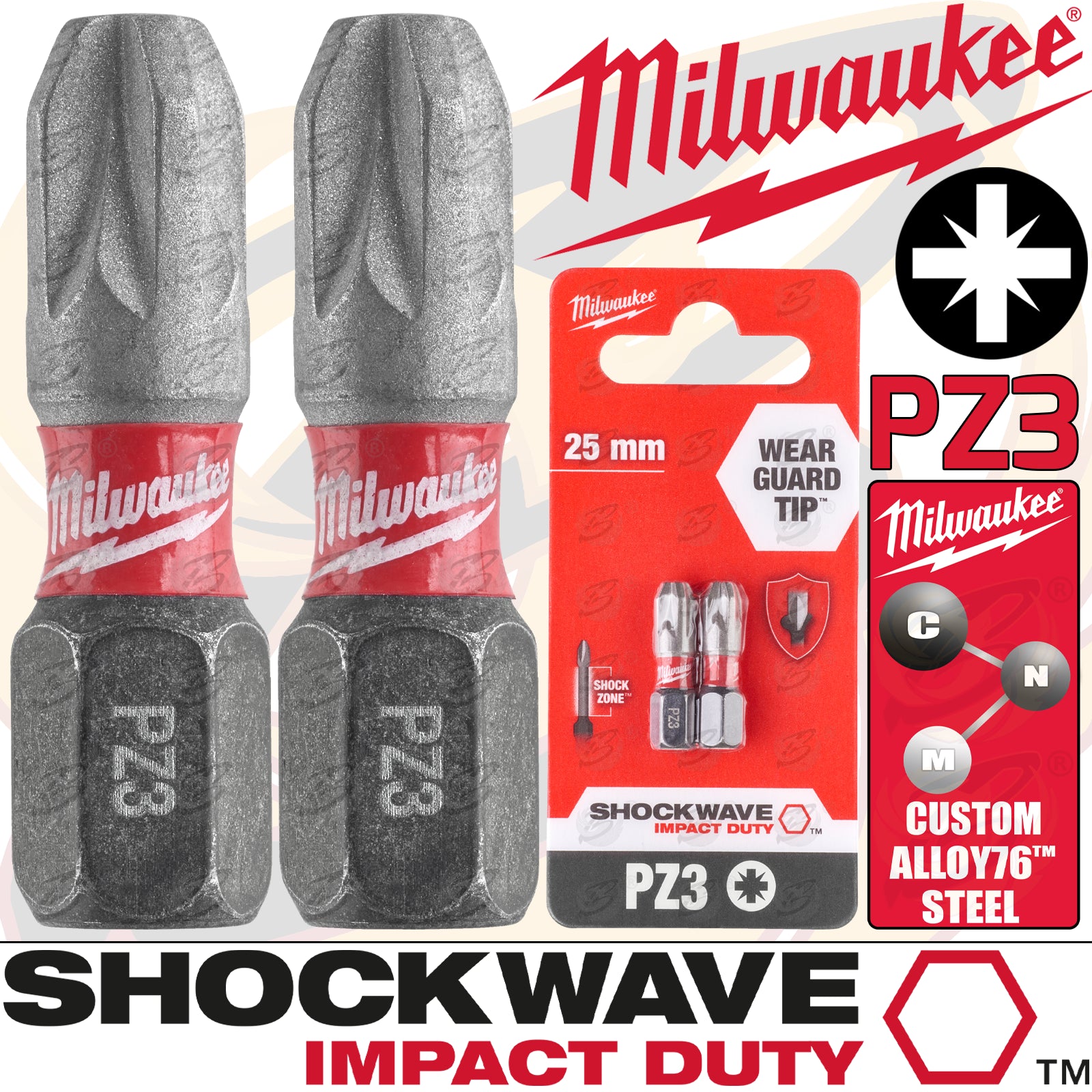 MILWAUKEE 2PCS x PZ3 x 25MM POZIDRIVE IMPACT DRILL / DRIVER BIT ( SHOCKWAVE IMPACT DUTY )