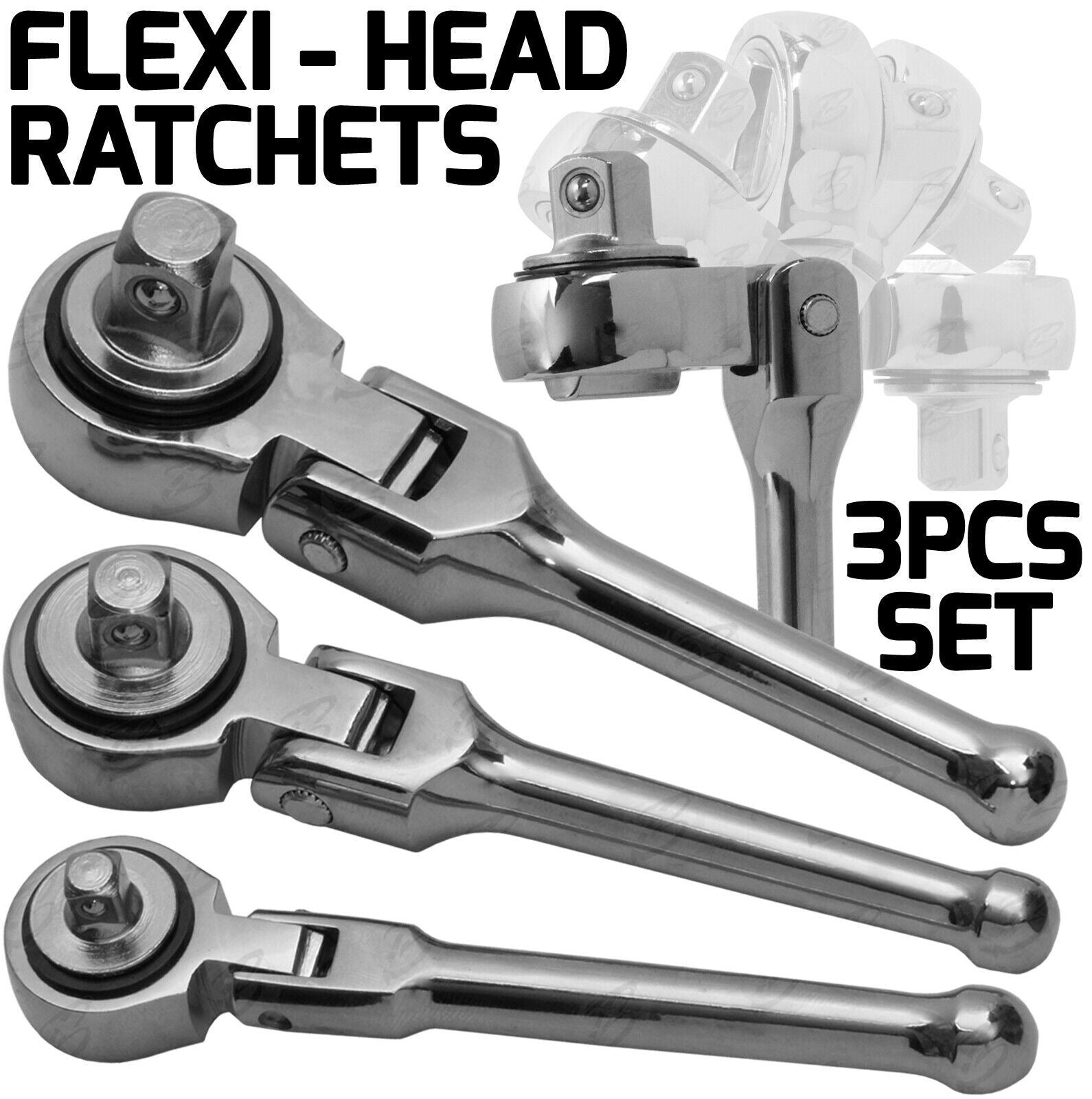 TOOLZONE 3PCS STUBBY FLEXIBLE RATCHET HANDLE SET 1/4" & 3/8" & 1/2" DRIVE