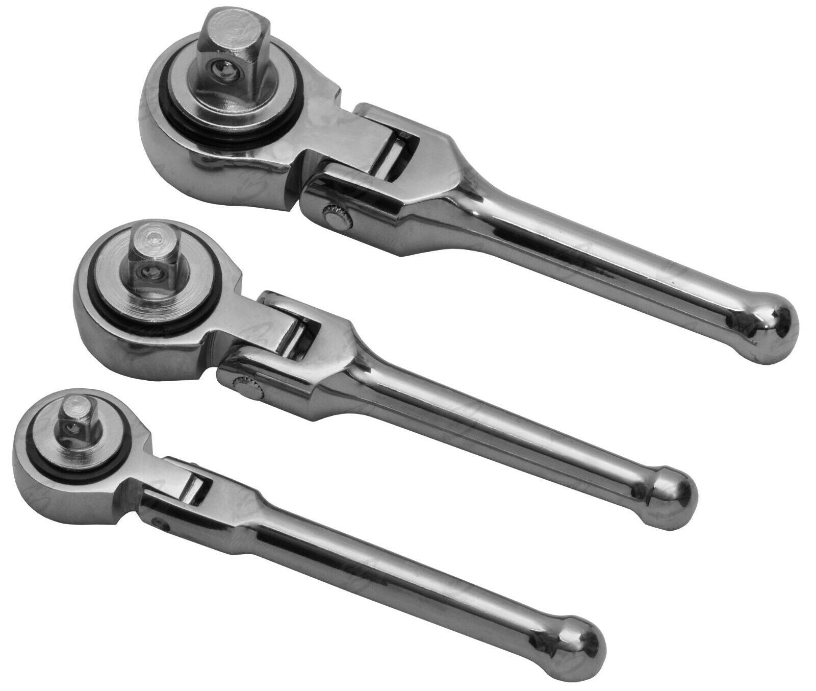TOOLZONE 3PCS STUBBY FLEXIBLE RATCHET HANDLE SET 1/4" & 3/8" & 1/2" DRIVE