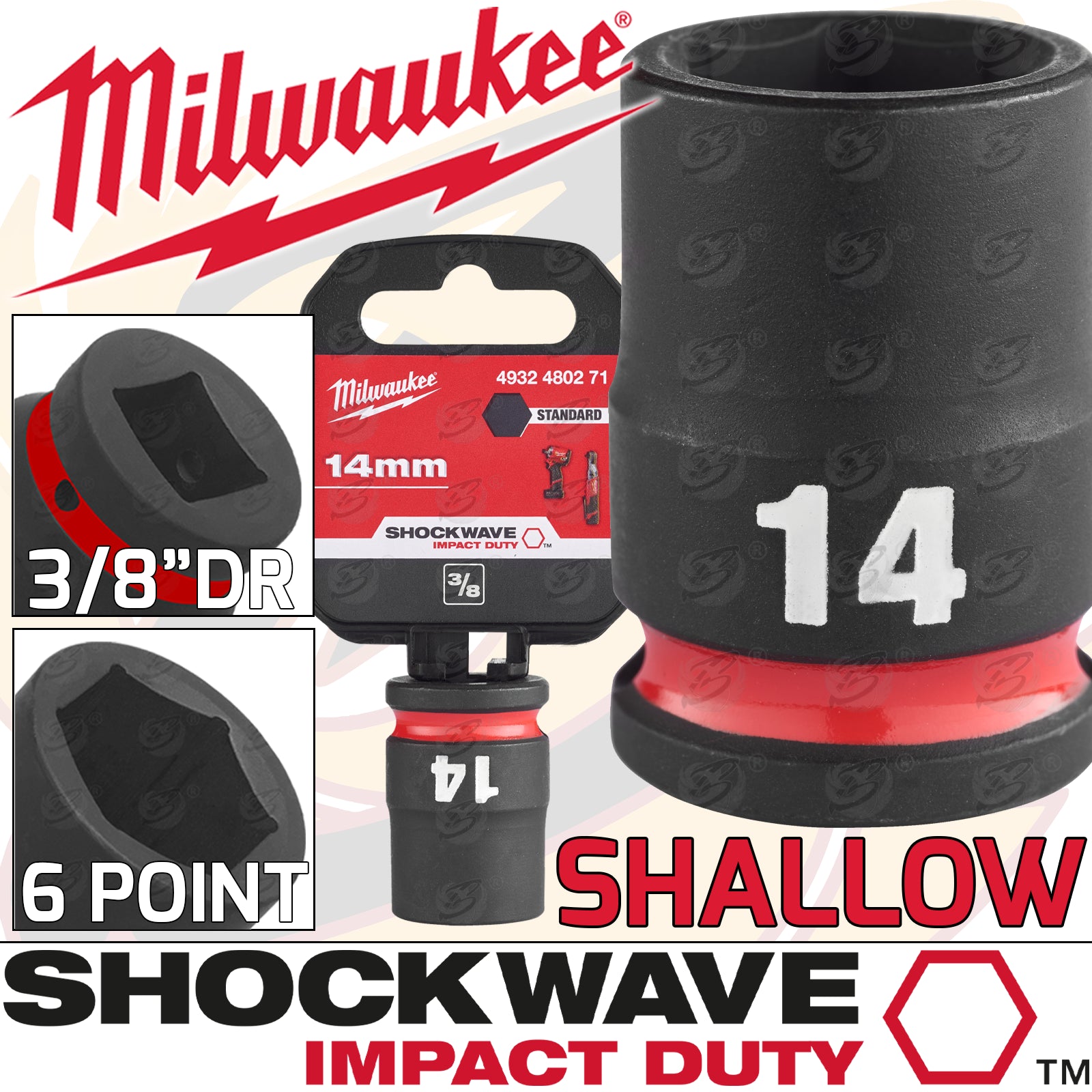 MILWAUKEE 14MM 3/8" DRIVE 6 POINT SHALLOW IMPACT SOCKET ( SINGLE )