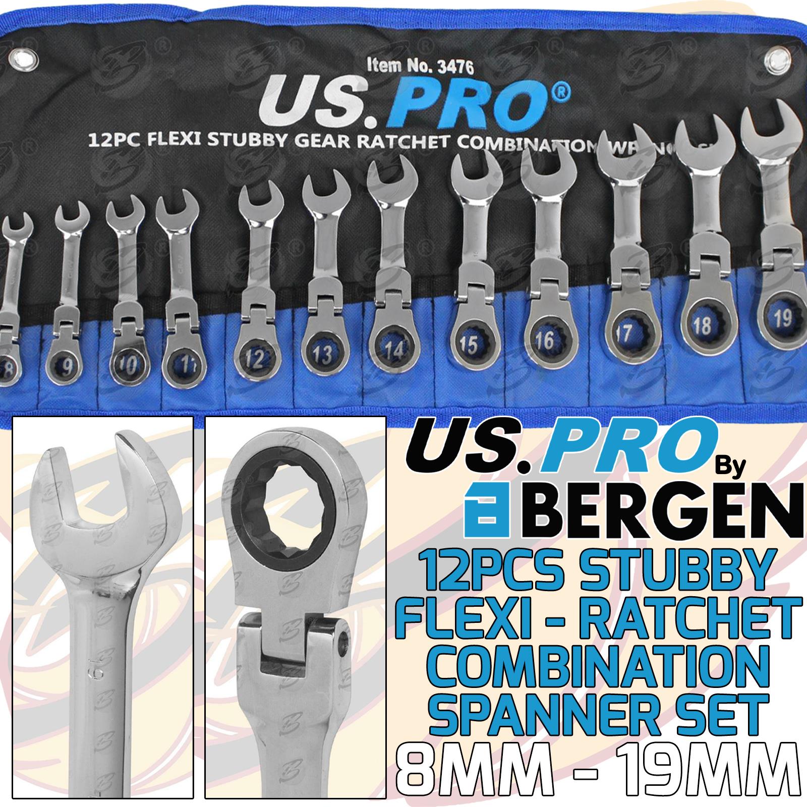 US PRO 12PCS COMBINATION STUBBY FLEXIBLE RATCHET SPANNER SET 8MM - 19MM