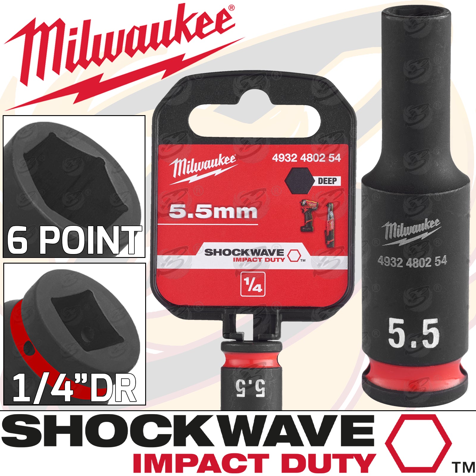 MILWAUKEE 5.5MM 1/4" DRIVE 6 POINT DEEP IMPACT SOCKET ( SINGLE )