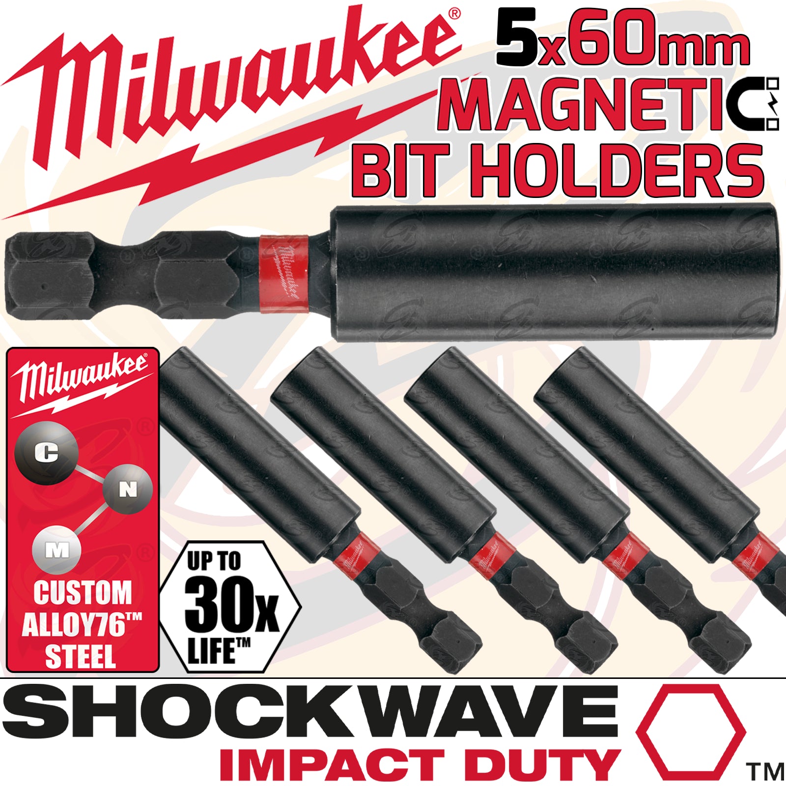 MILWAUKEE 60MM MAGNETIC BIT HOLDER ( SHOCKWAVE IMPACT DUTY ) ( X 5 )