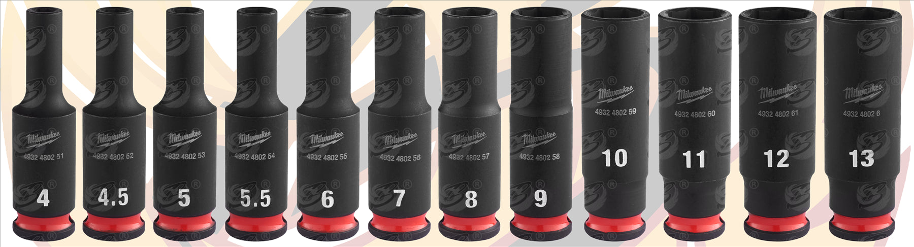 MILWAUKEE 12PCS 1/4" DRIVE 6 POINT DEEP IMPACT SOCKETS 4MM - 13MM ( SHOCKWAVE IMPACT DUTY )