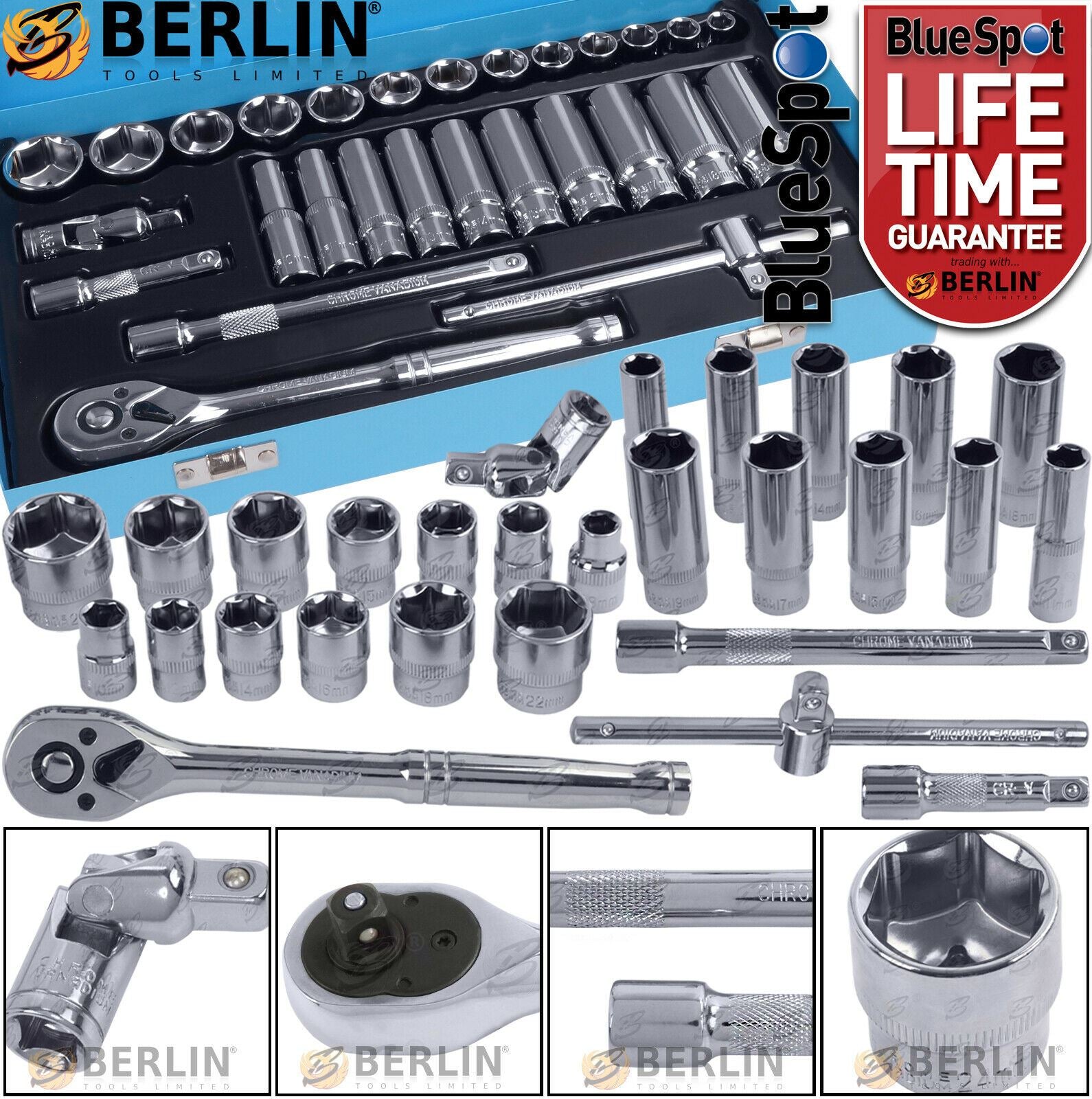 BLUESPOT 28PCS 3/8" DRIVE 6 POINT SOCKET SET 8MM - 24MM
