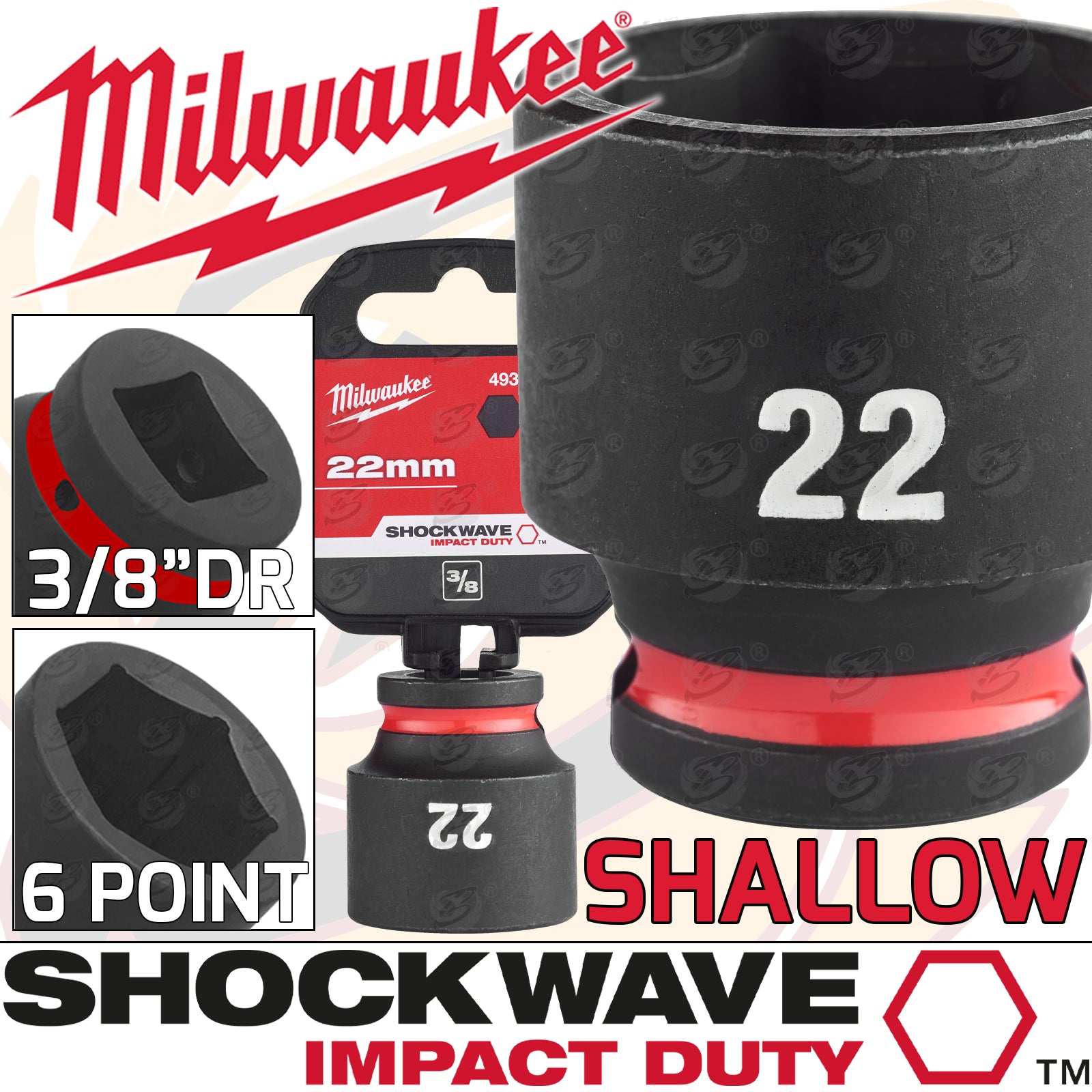 MILWAUKEE 22MM 3/8" DRIVE 6 POINT SHALLOW IMPACT SOCKET ( SINGLE )