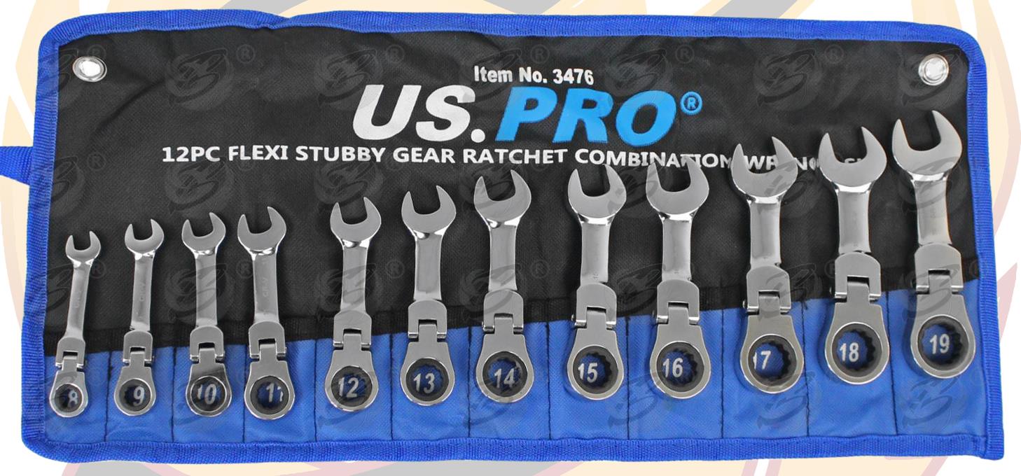 US PRO 12PCS COMBINATION STUBBY FLEXIBLE RATCHET SPANNER SET 8MM - 19MM