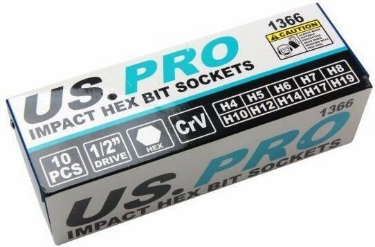 US PRO 10PCS 1/2" DRIVE IMPACT HEX BIT SOCKETS H4 - H19