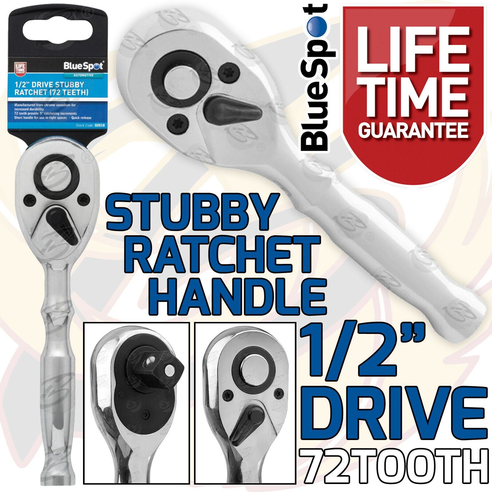 BLUESPOT 1/2" DRIVE 72 TOOTH STUBBY RATCHET HANDLE