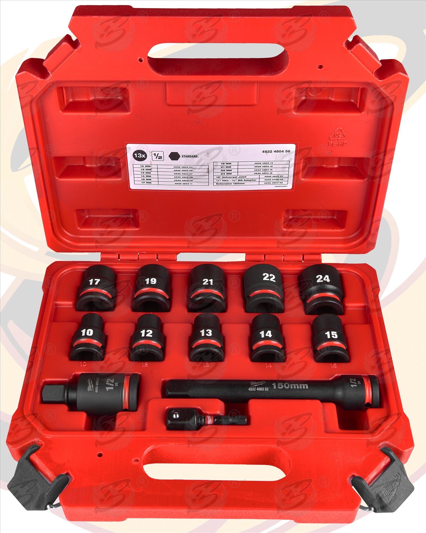 MILWAUKEE 13PCS 1/2" DRIVE 6 POINT SHALLOW IMPACT SOCKETS & ADAPTER SET 10MM - 24MM ( SHOCKWAVE IMPACT DUTY )
