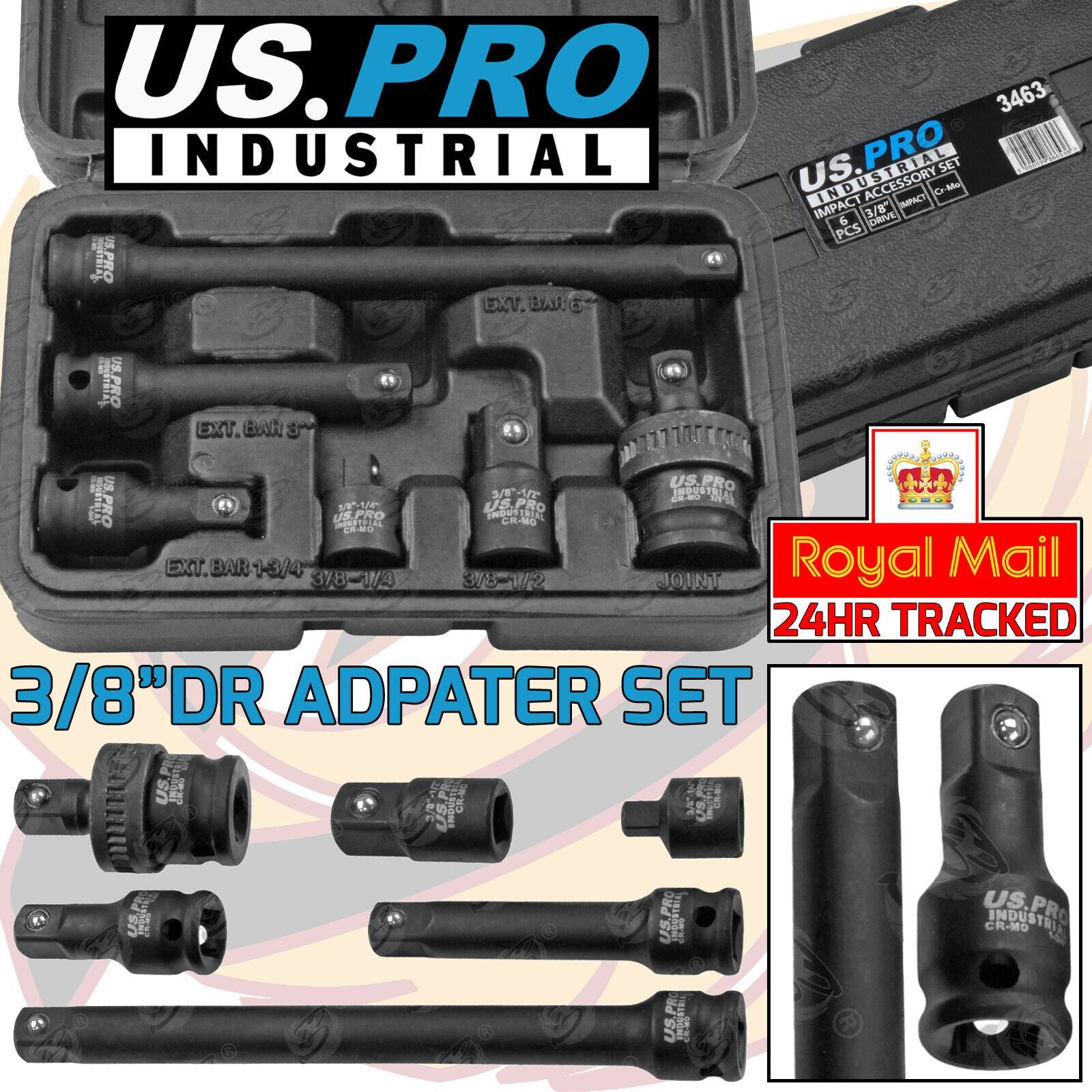 US PRO INDUSTRIAL 6PCS 3/8" DRIVE IMPACT ADAPTER & EXTENSION SET