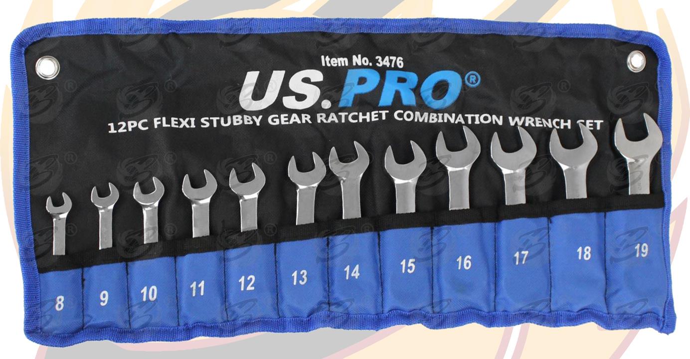US PRO 12PCS COMBINATION STUBBY FLEXIBLE RATCHET SPANNER SET 8MM - 19MM