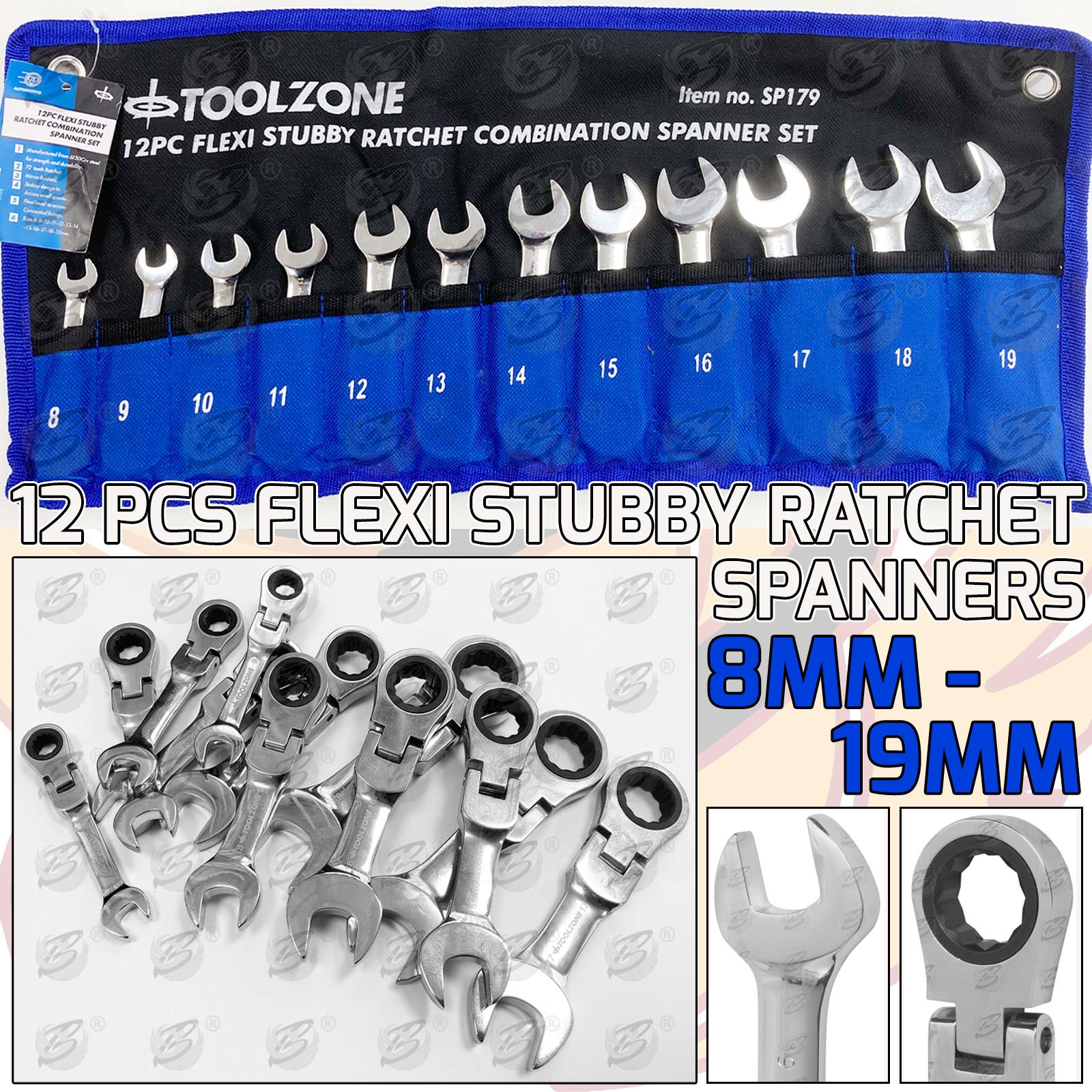 TOOLZONE 12PCS COMBINATION STUBBY FLEXIBLE RATCHET SPANNER SET 8MM - 19MM