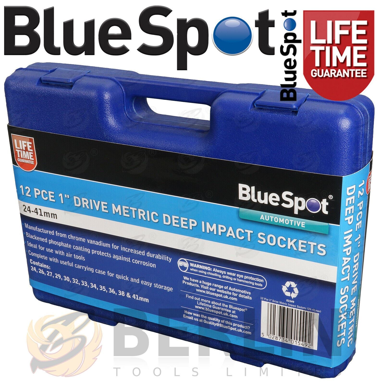BLUESPOT 12PCS 1" DRIVE 6 POINT DEEP IMPACT SOCKETS 24MM - 41MM